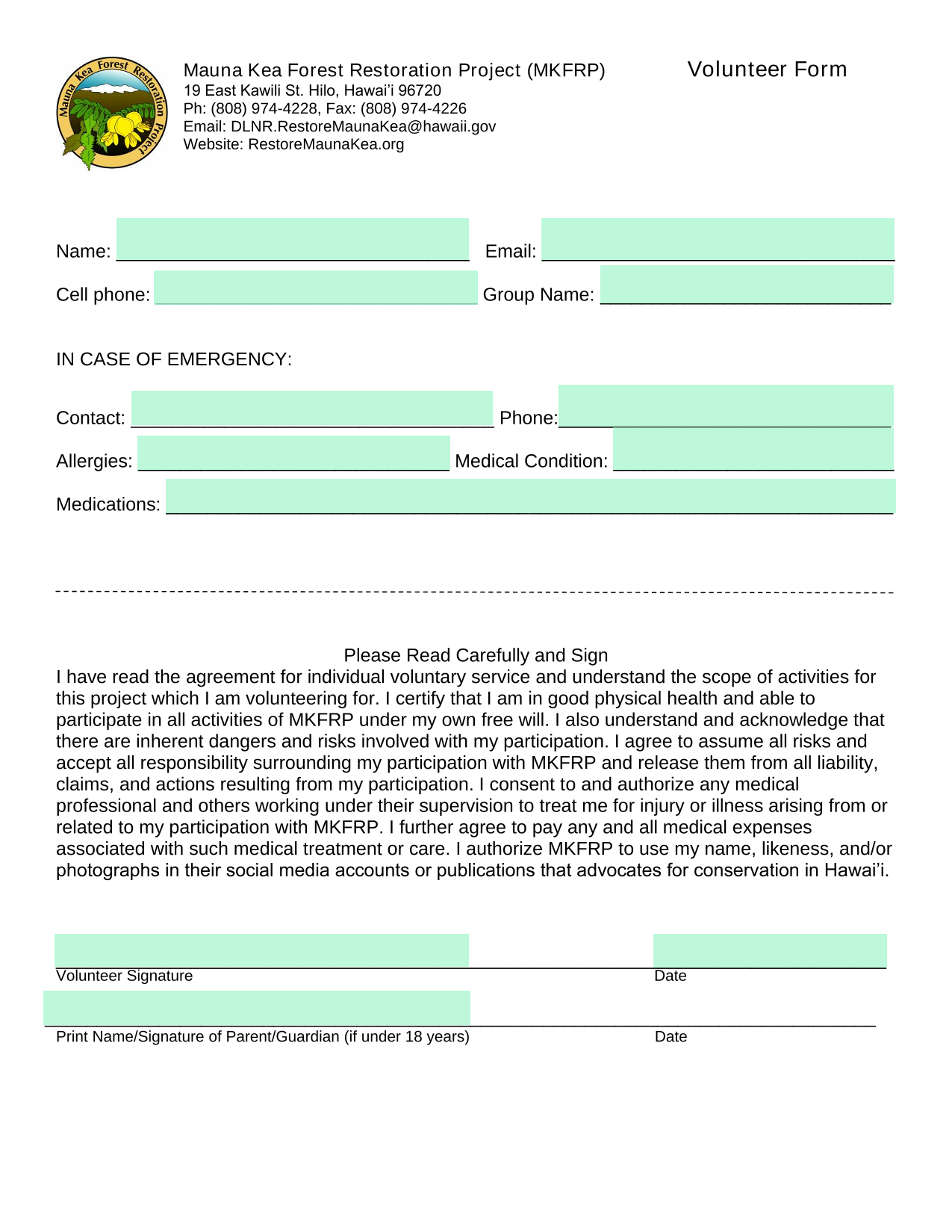 Mauna Kea Forest Restoration Project (MKFRP) Volunteer Form screenshot