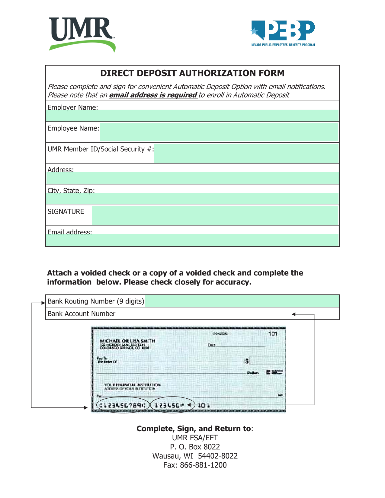 Direct Deposit Authorization Form screenshot