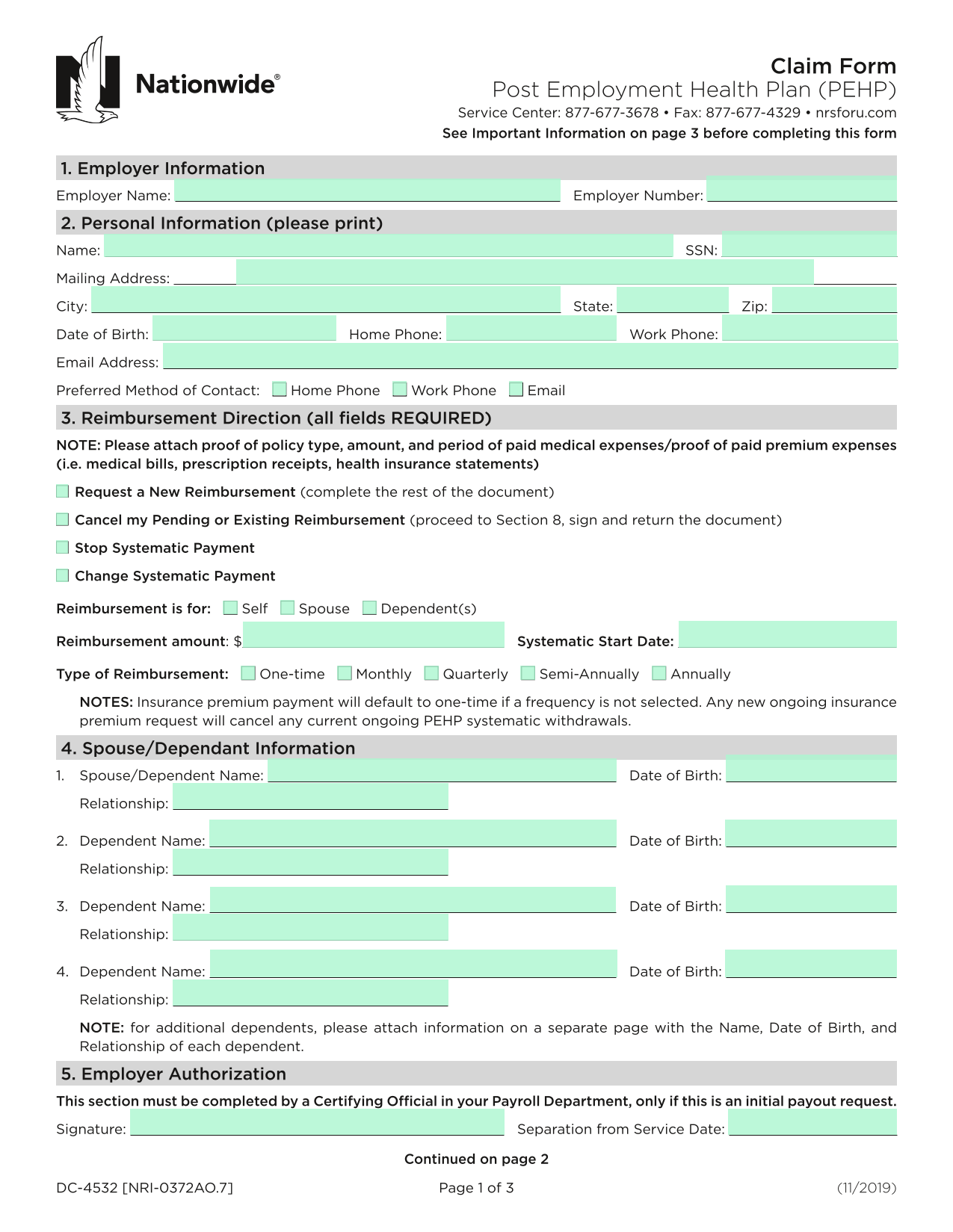 Post Employment Health Plan (PEHP) Claim Form screenshot