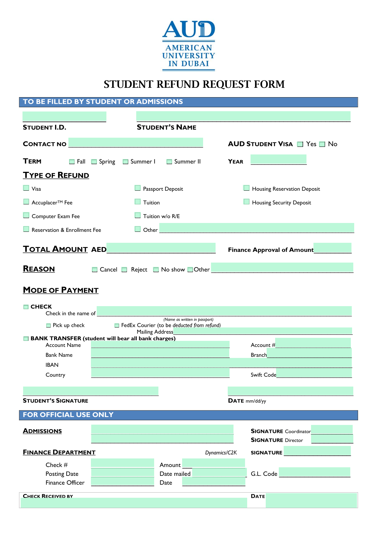 STUDENT REFUND REQUEST FORM screenshot