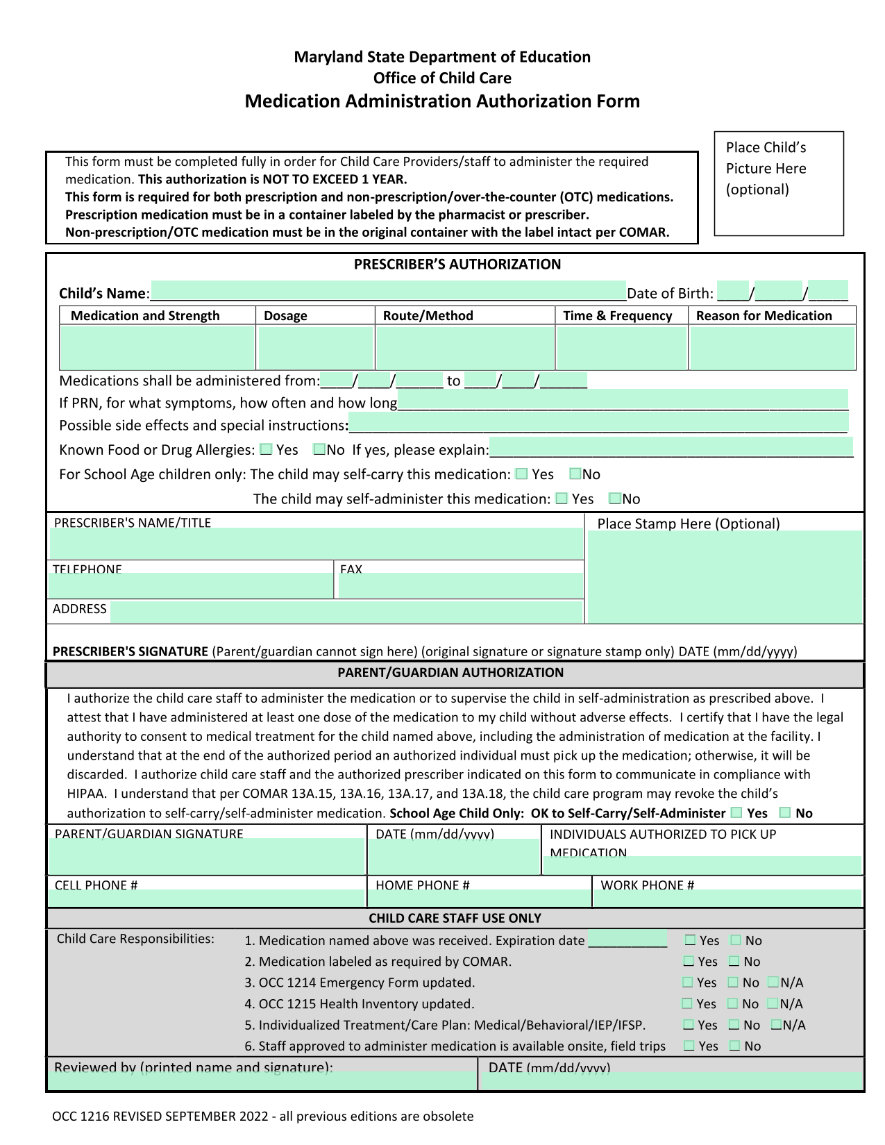 Medication Administration Authorization Form screenshot