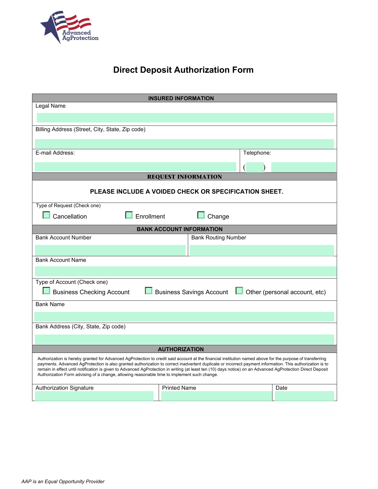 Direct Deposit Authorization Form screenshot
