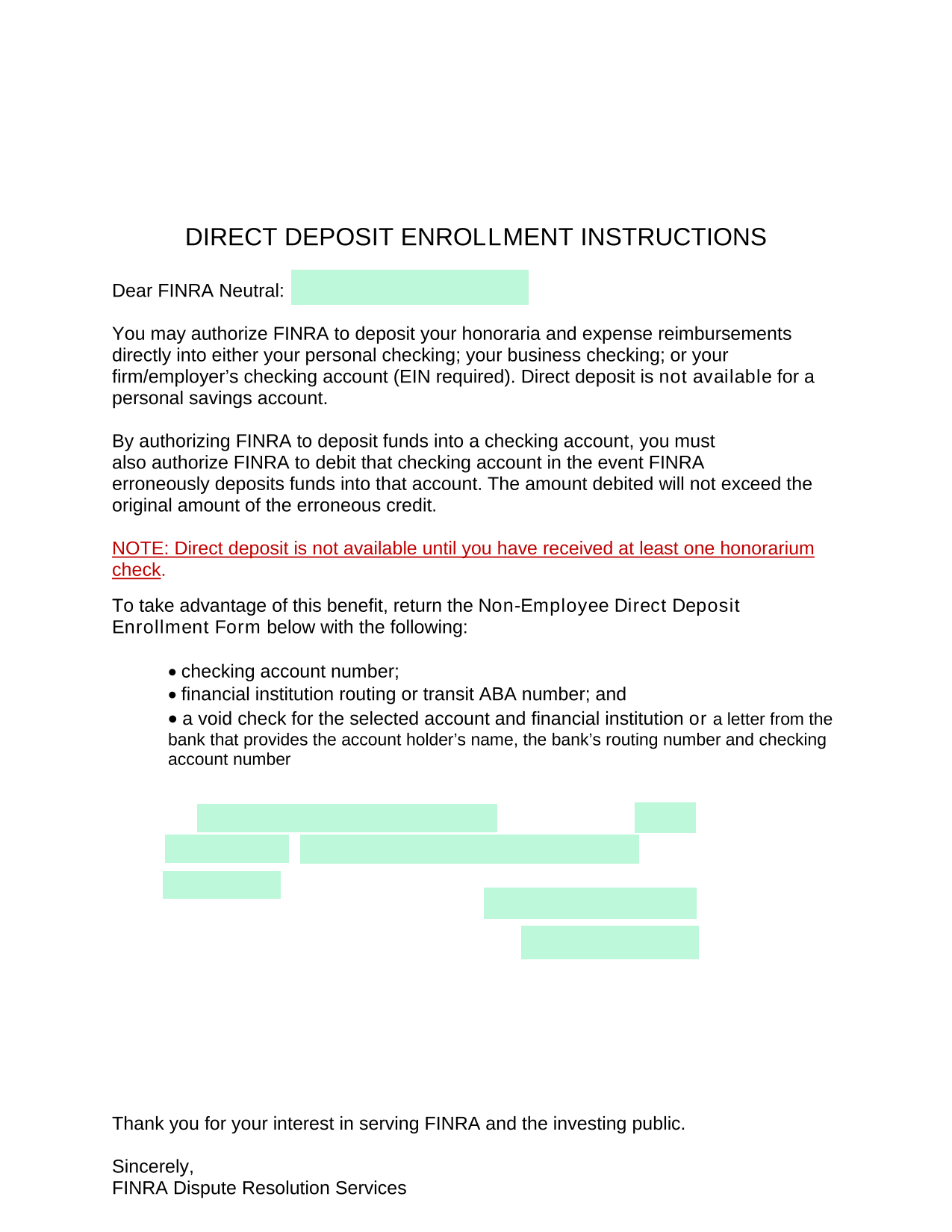 Non Employee Direct Deposit Enrollment Form screenshot