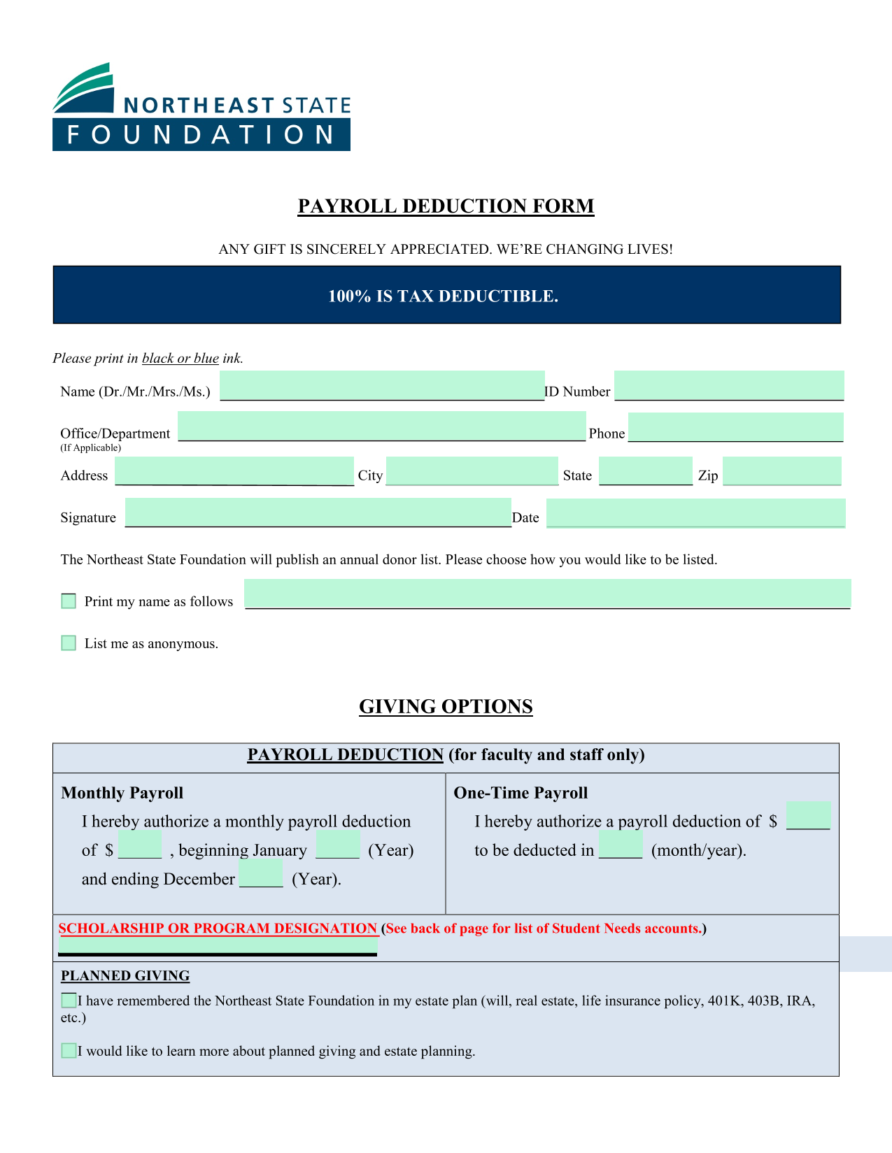 Payroll Deduction Form screenshot