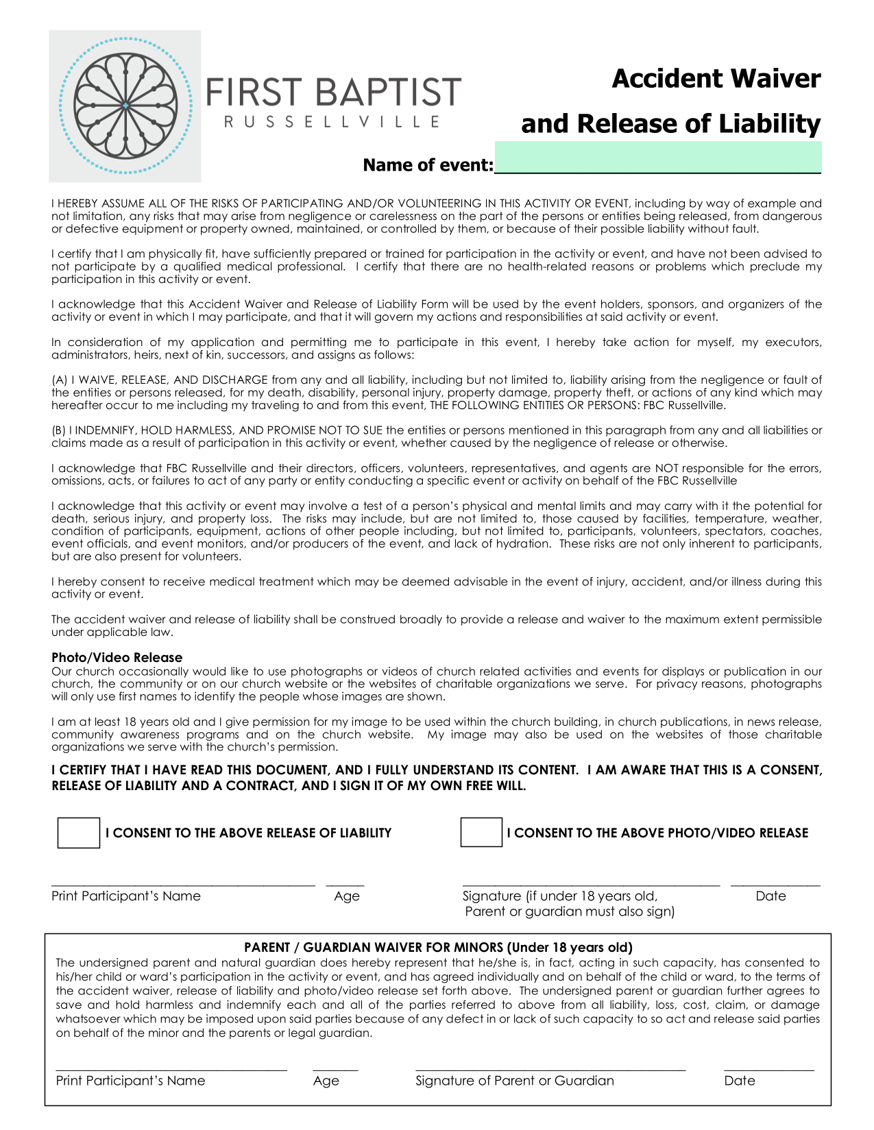 Accident Waiver And Release Of Liability Form screenshot