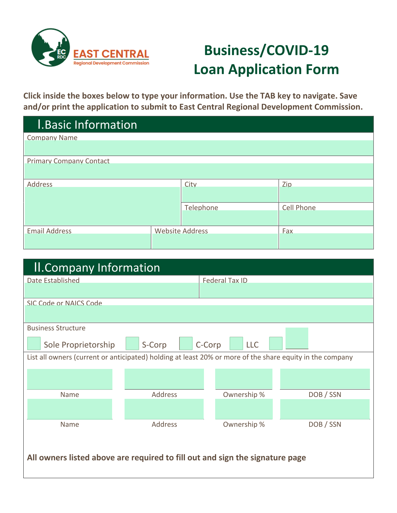 BusinessCOVID 19 Loan Application Form screenshot
