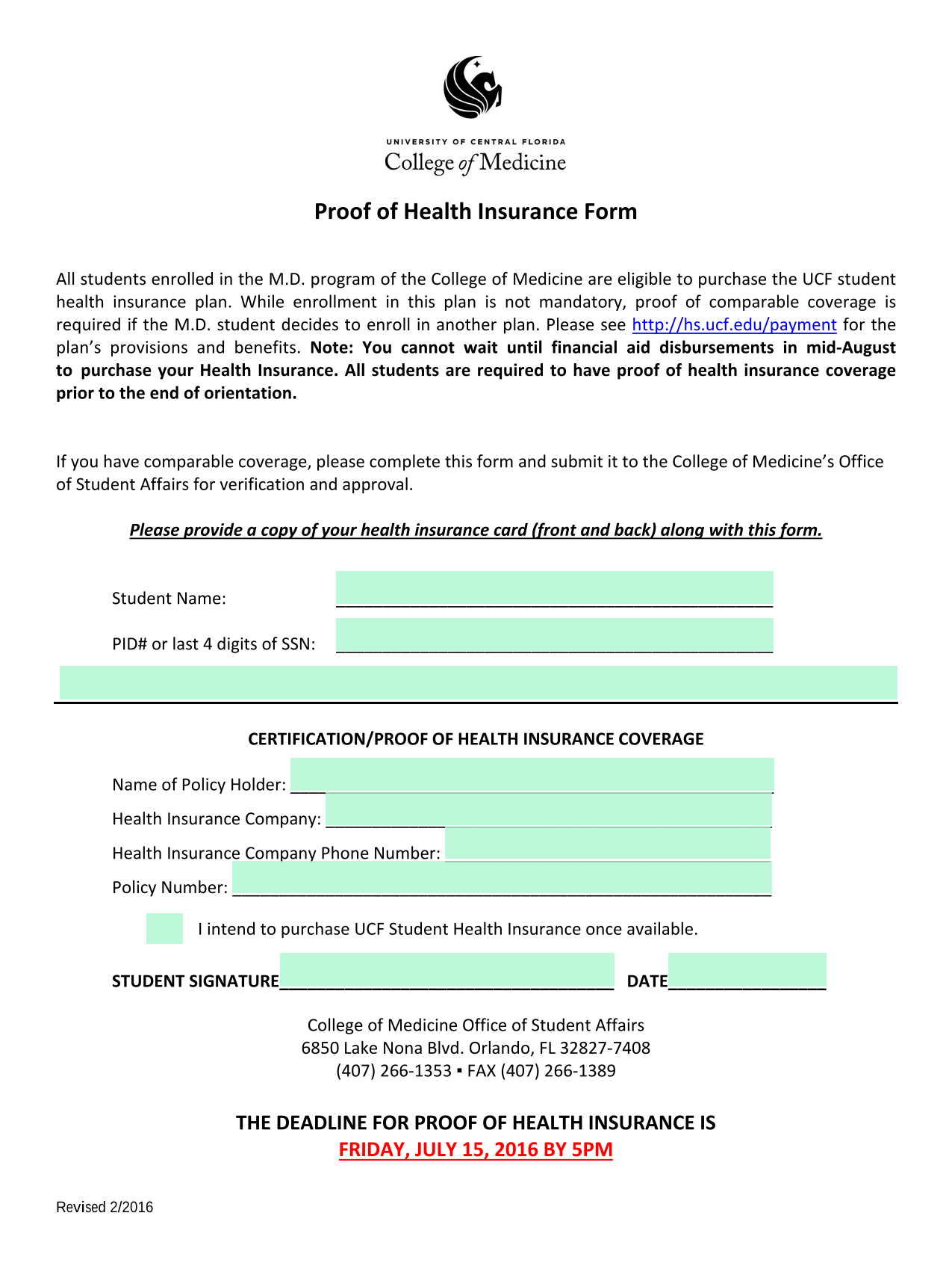 Proof Of Health Insurance Form screenshot