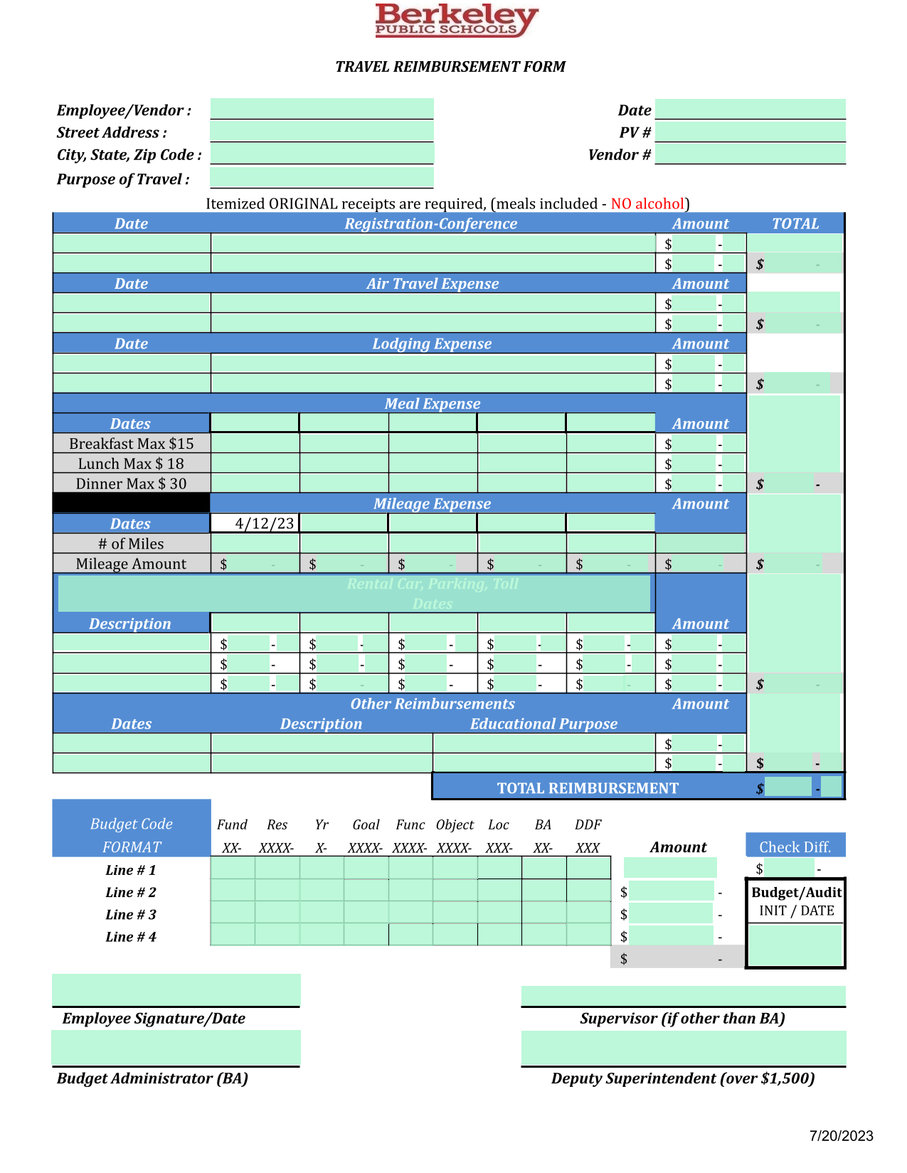 TRAVEL REIMBURSEMENT FORM screenshot