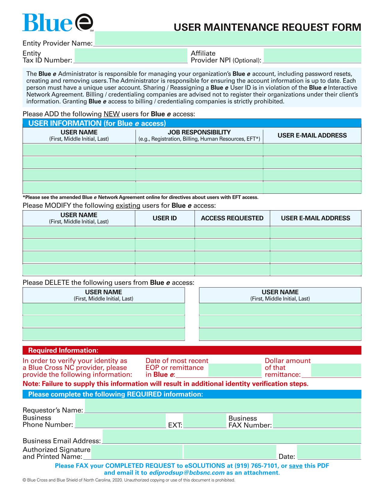 USER MAINTENANCE REQUEST FORM screenshot