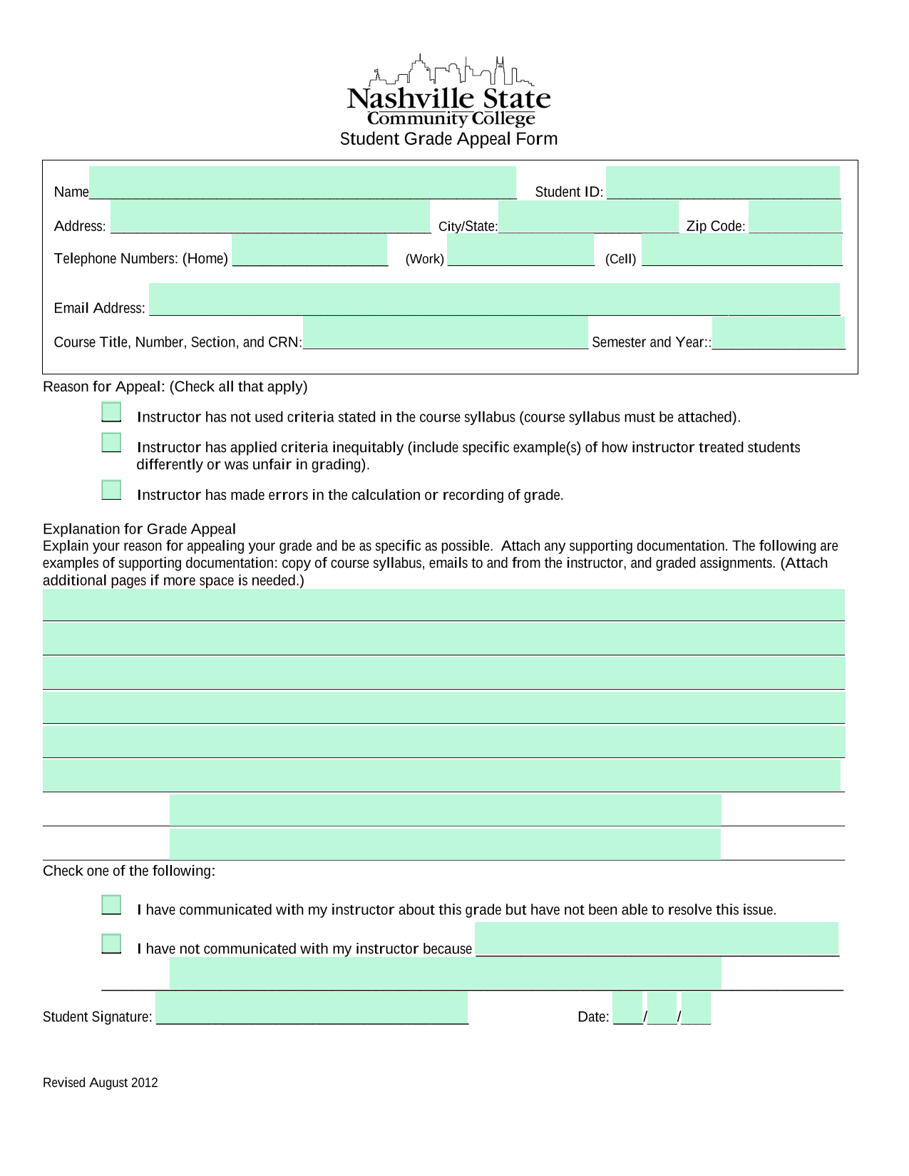 Student Grade Appeal Form screenshot