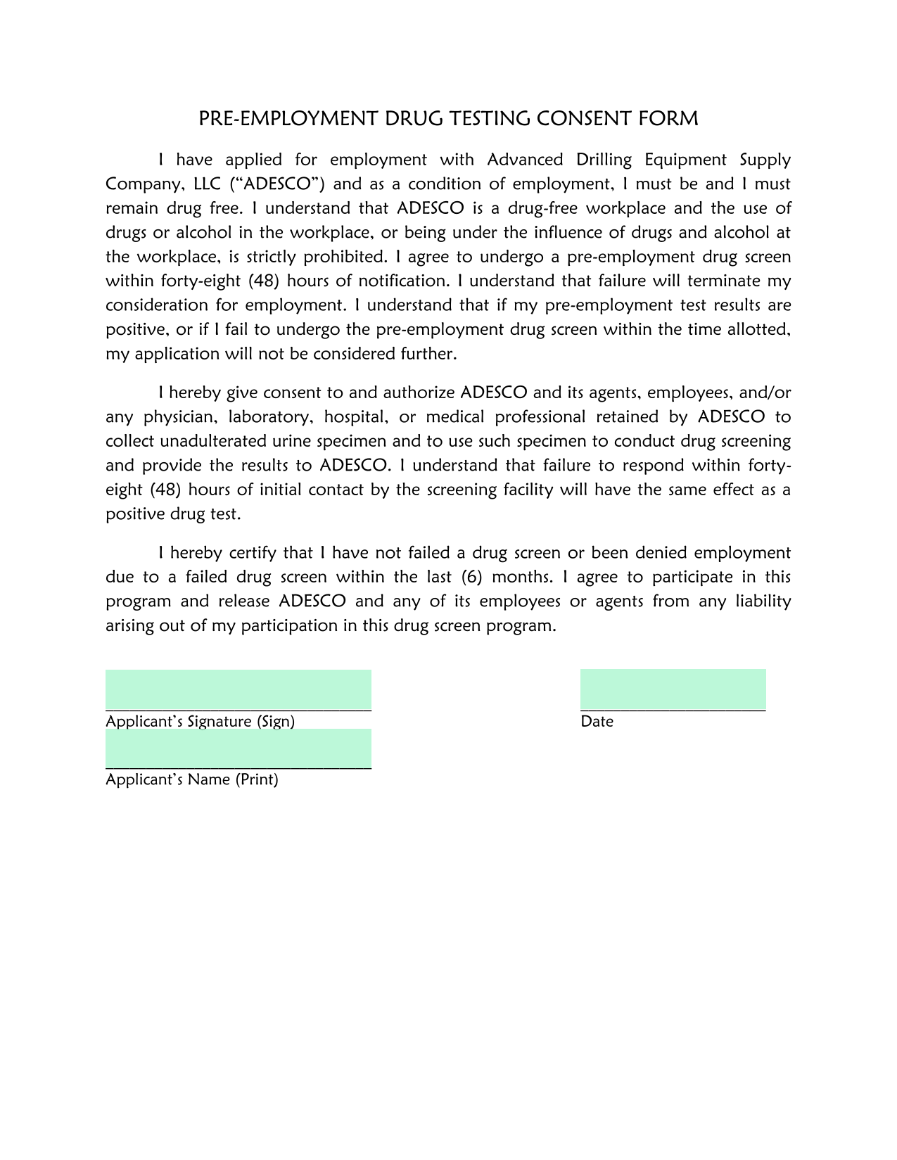 PRE EMPLOYMENT DRUG TESTING CONSENT FORM screenshot