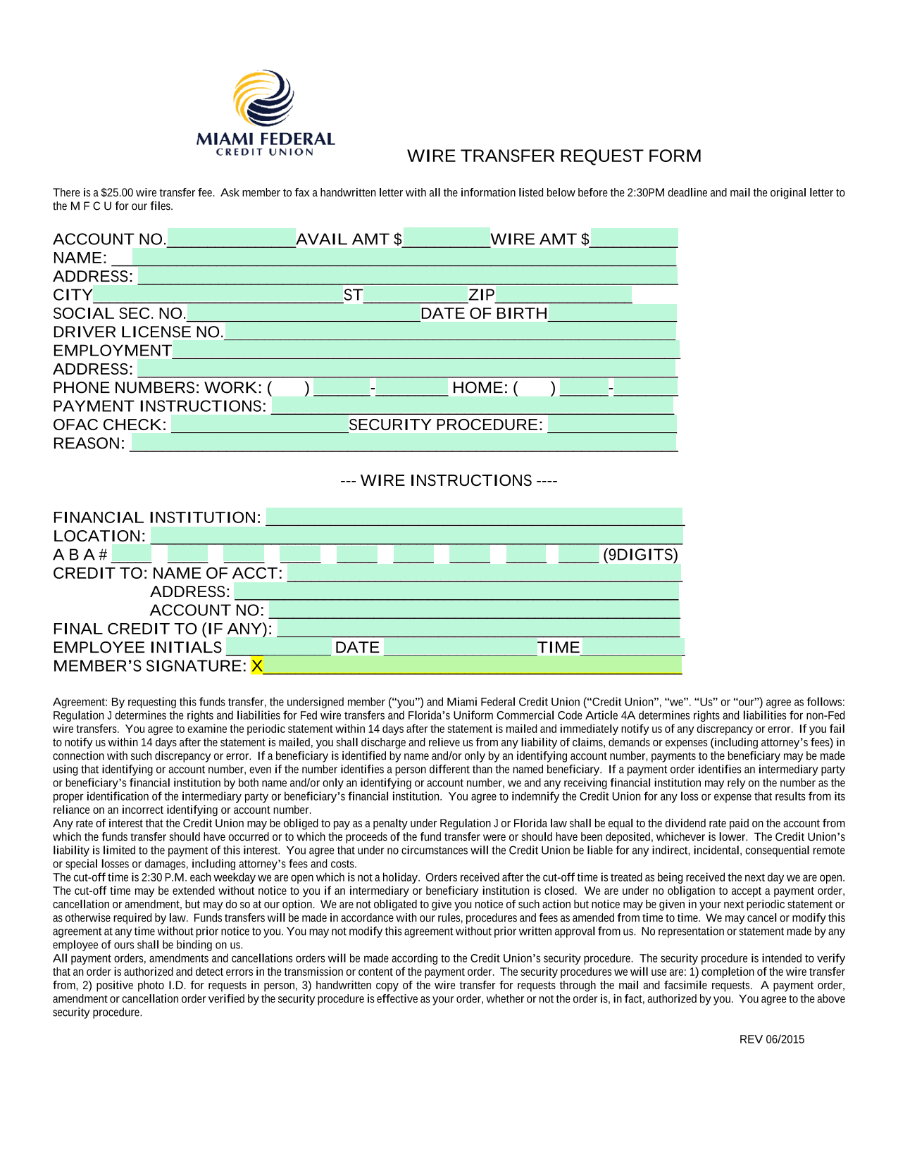 Wire Transfer Request Form screenshot