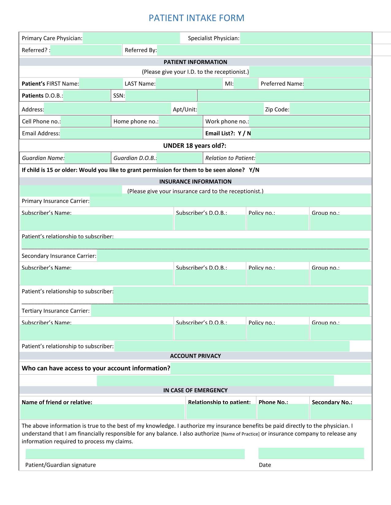 PATIENT INTAKE FORM screenshot