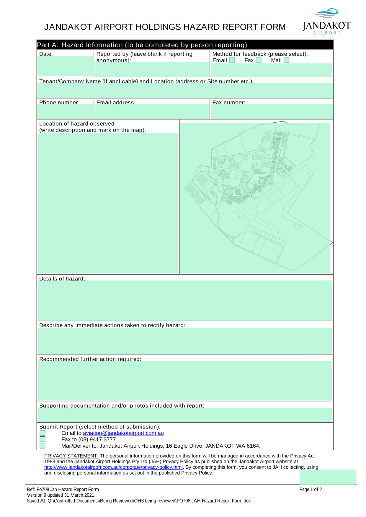 JANDAKOT AIRPORT HOLDINGS HAZARD REPORT FORM screenshot