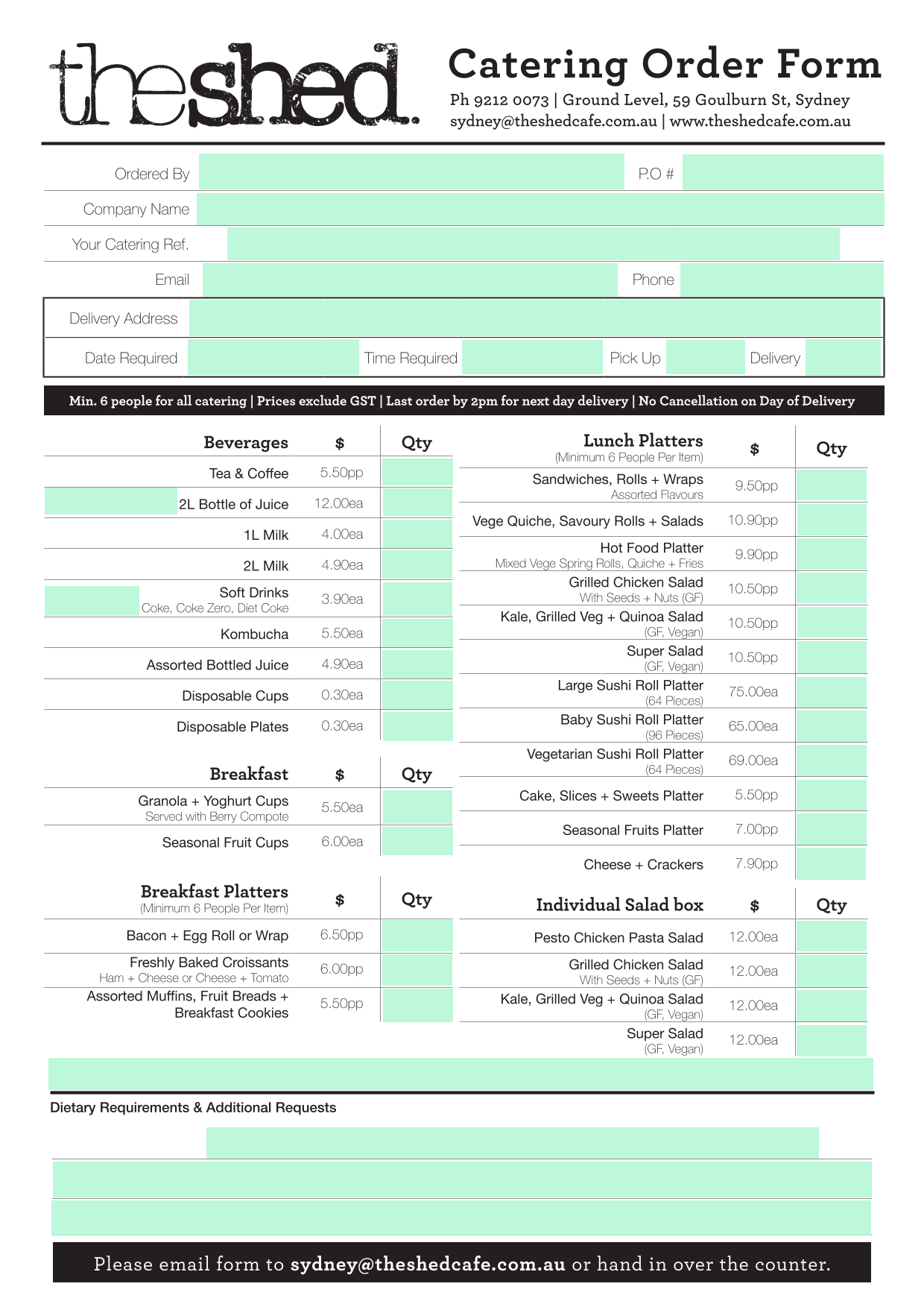 Catering Order Form screenshot