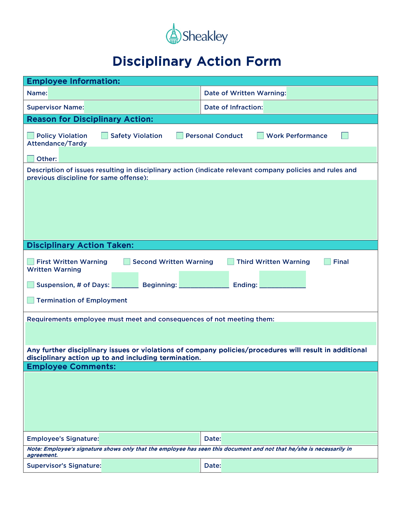 Disciplinary Action Form screenshot