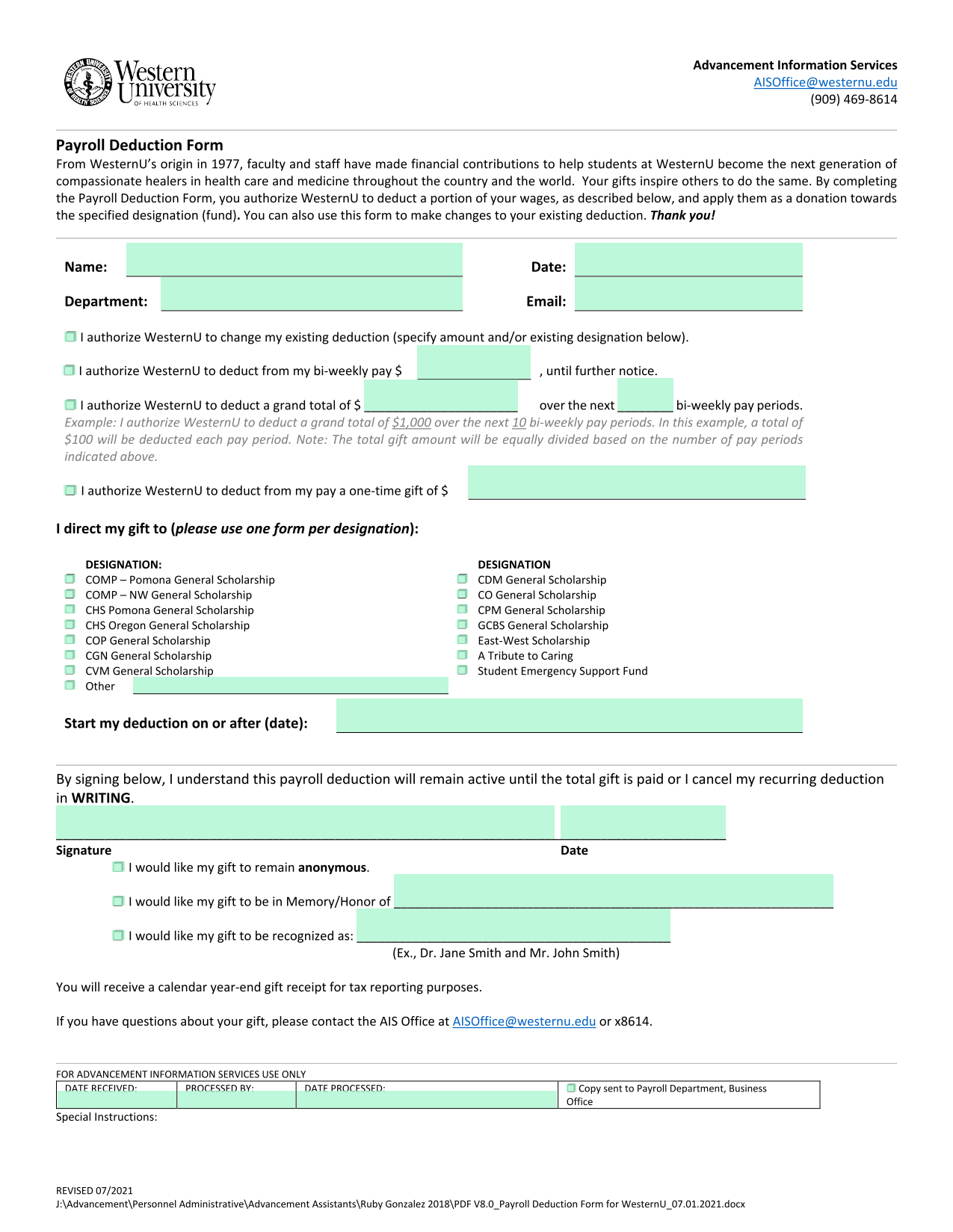 Payroll Deduction Form screenshot