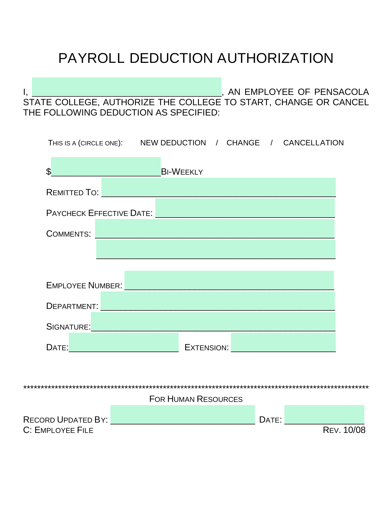 PAYROLL DEDUCTION AUTHORIZATION screenshot