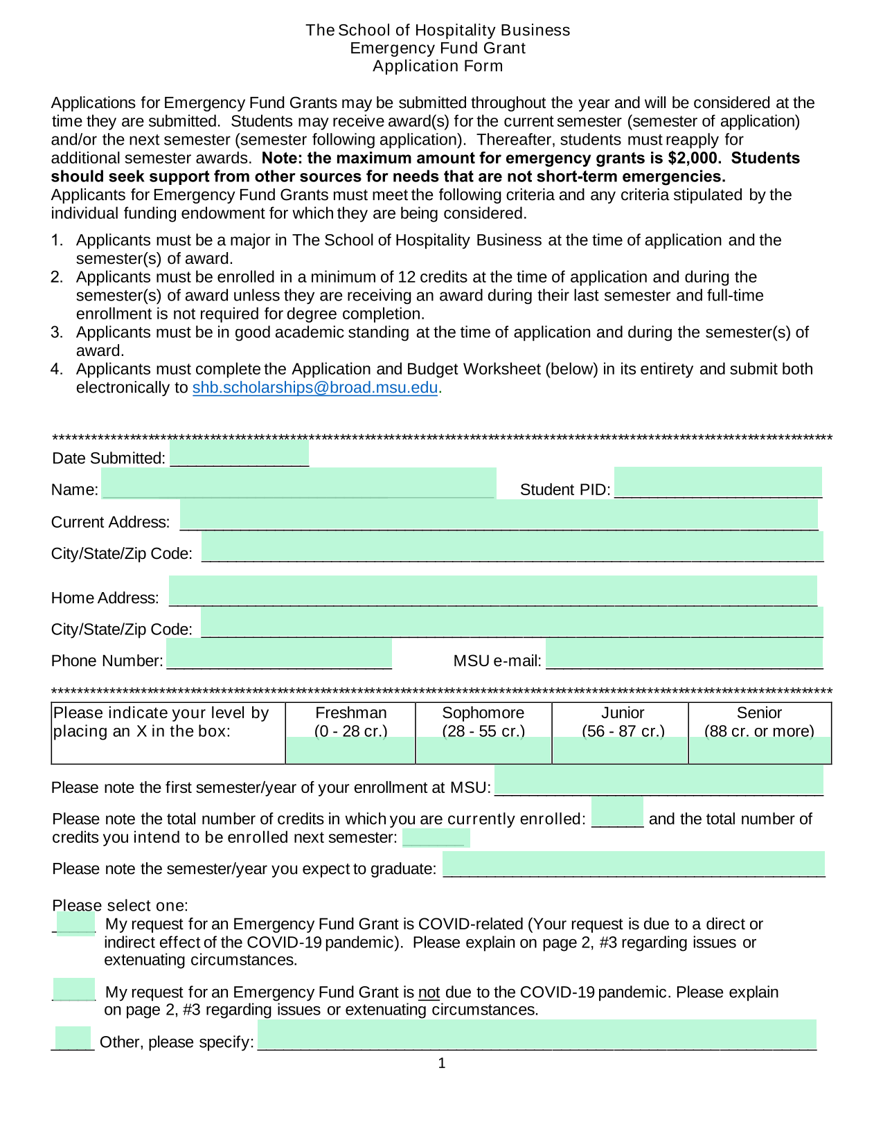 The School Of Hospitality Business Emergency Fund Grant Application Form screenshot