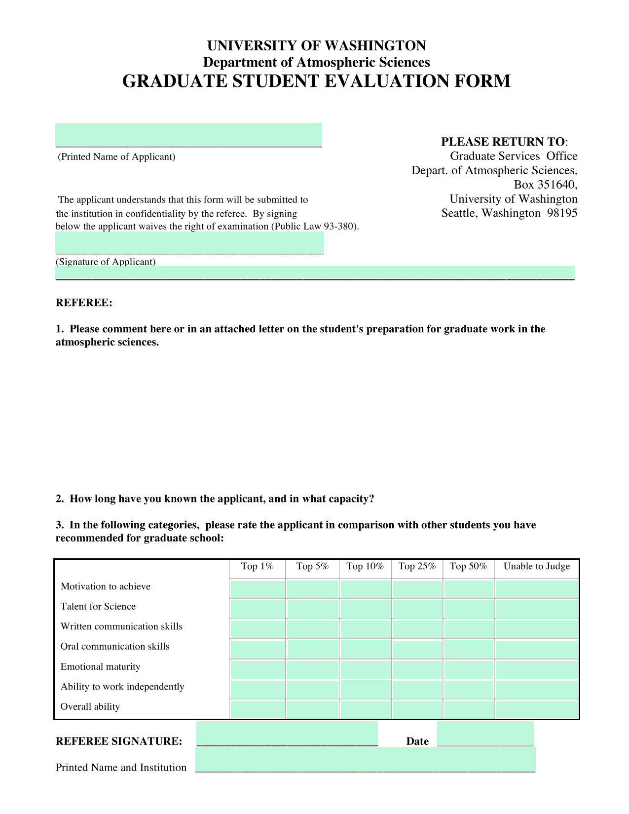 GRADUATE STUDENT EVALUATION FORM screenshot
