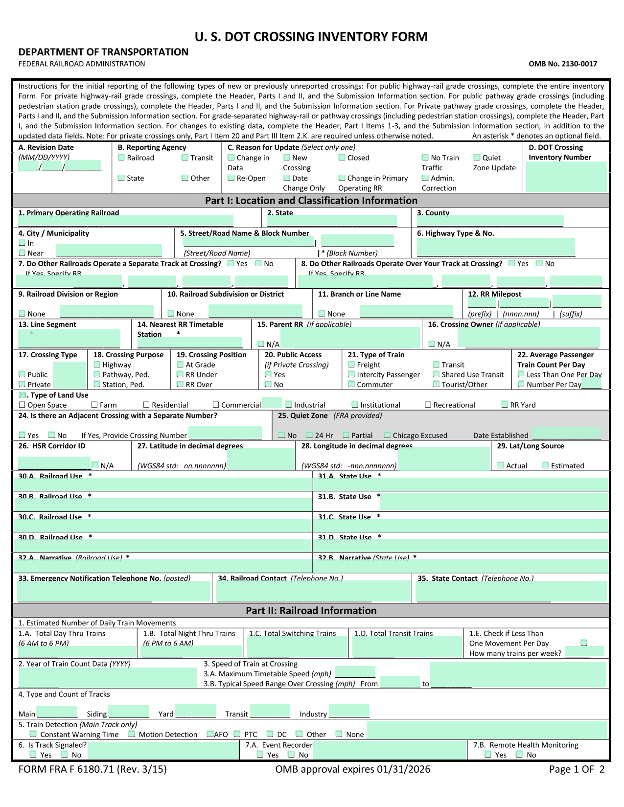 U.S. DOT Crossing Inventory Form screenshot