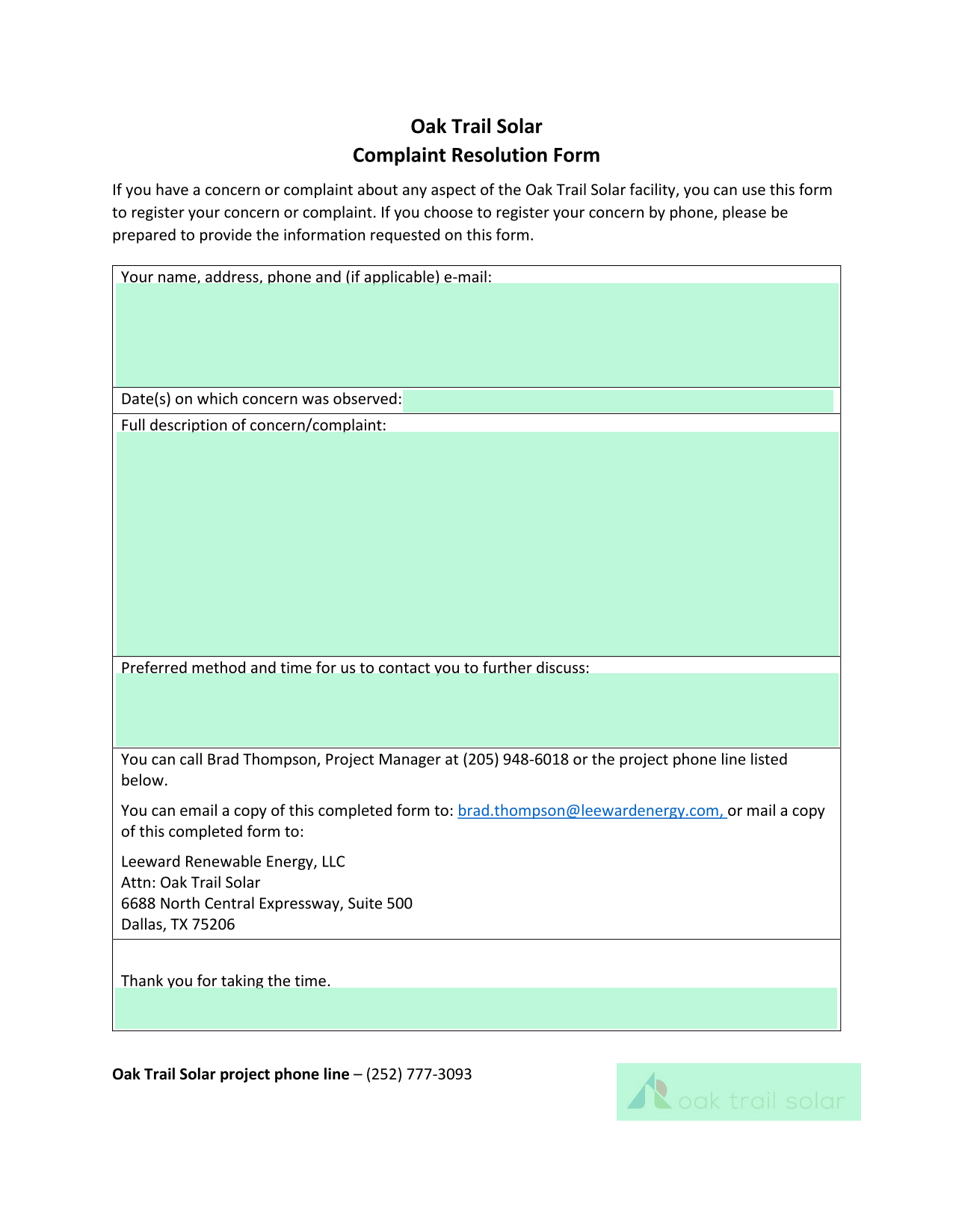 Oak Trail Solar Complaint Resolution Form screenshot