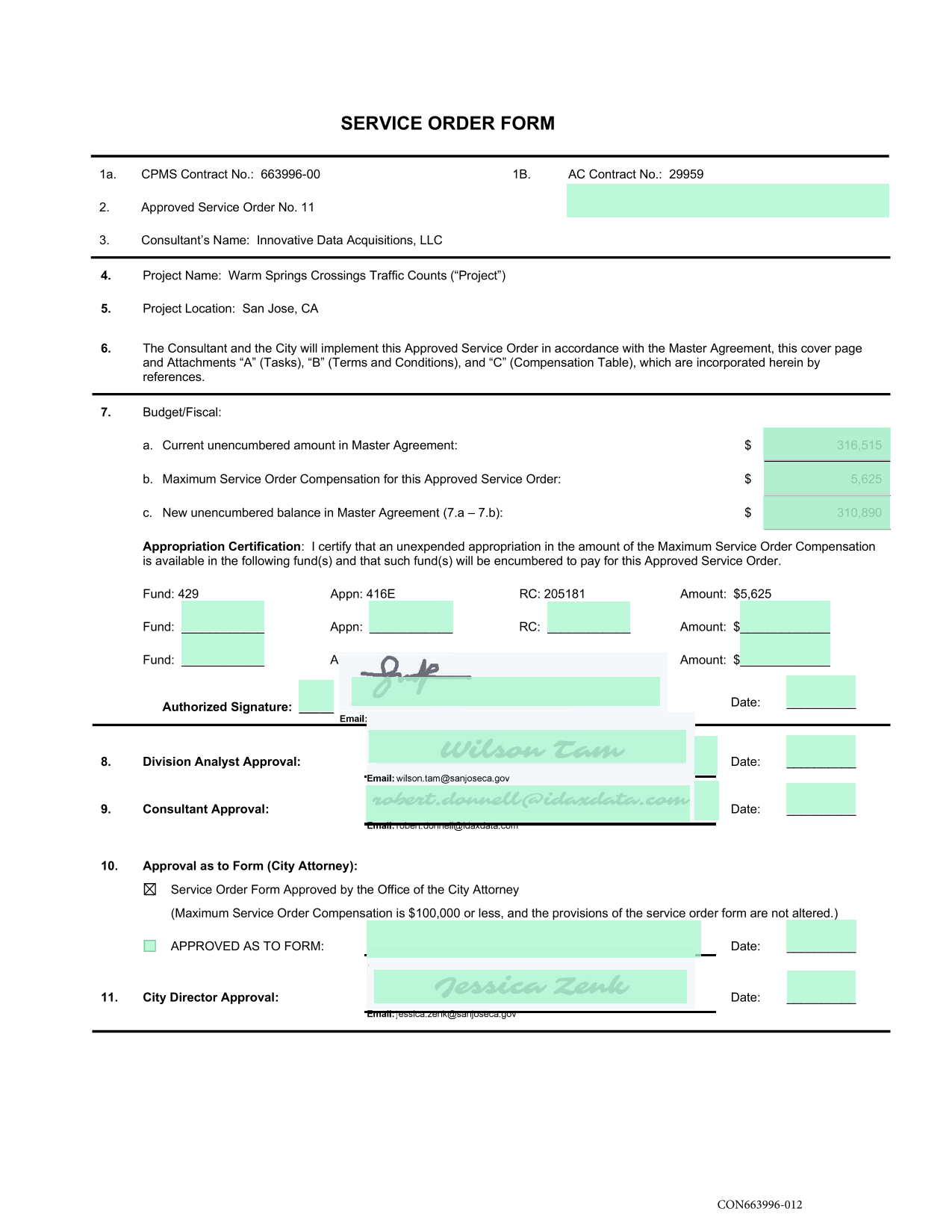 SERVICE ORDER FORM screenshot