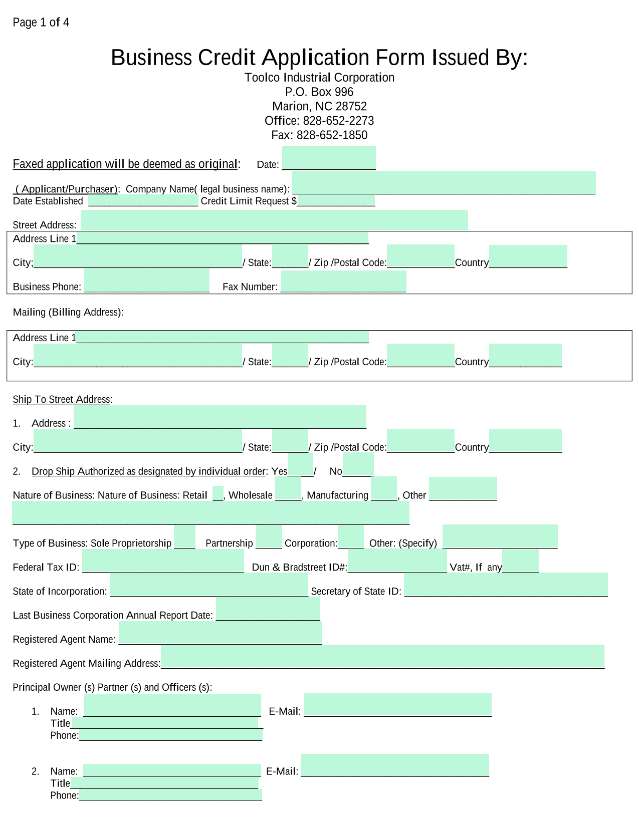 Business Credit Application Form screenshot