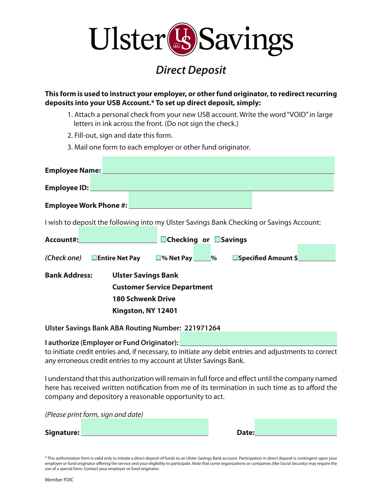 Direct Deposit Form screenshot