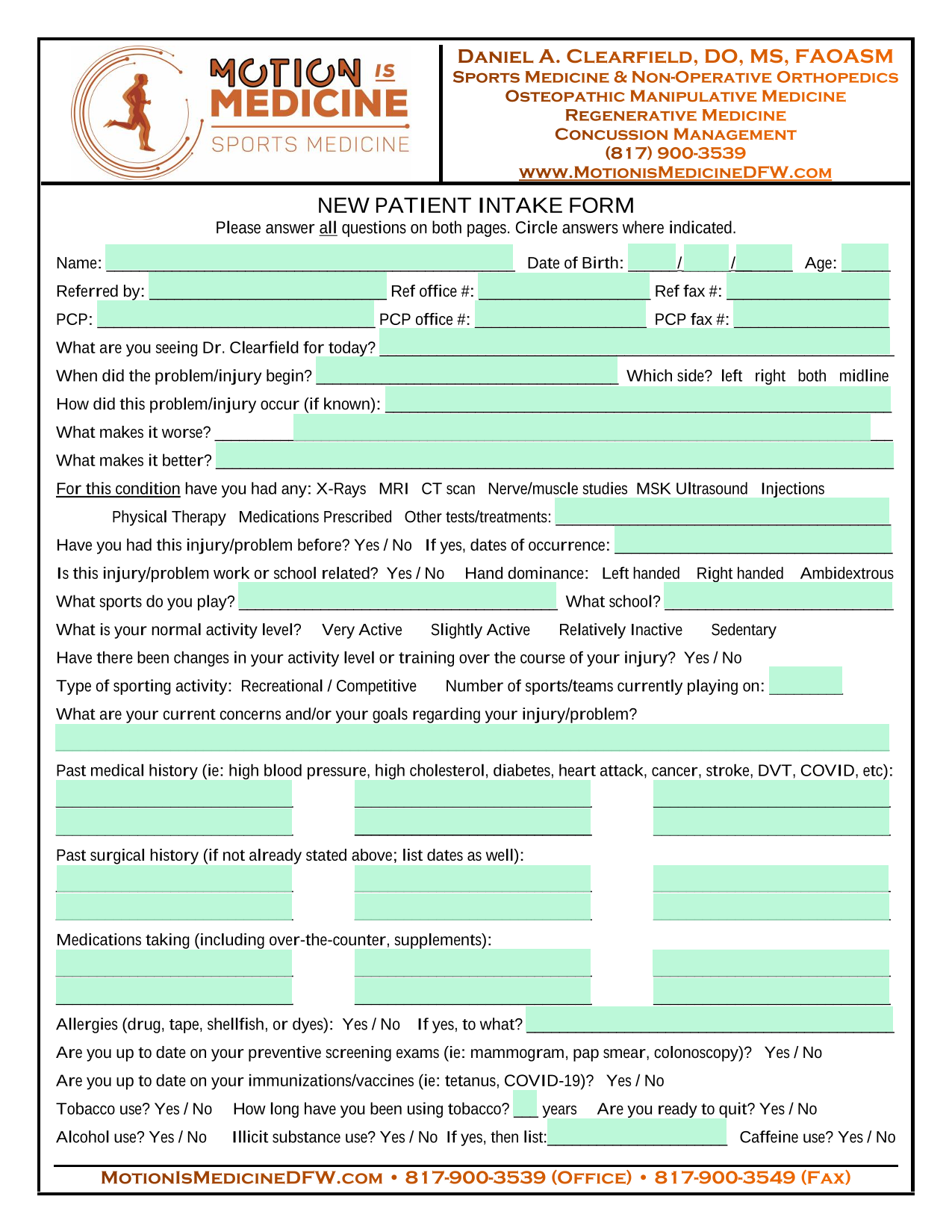 NEW PATIENT INTAKE FORM screenshot