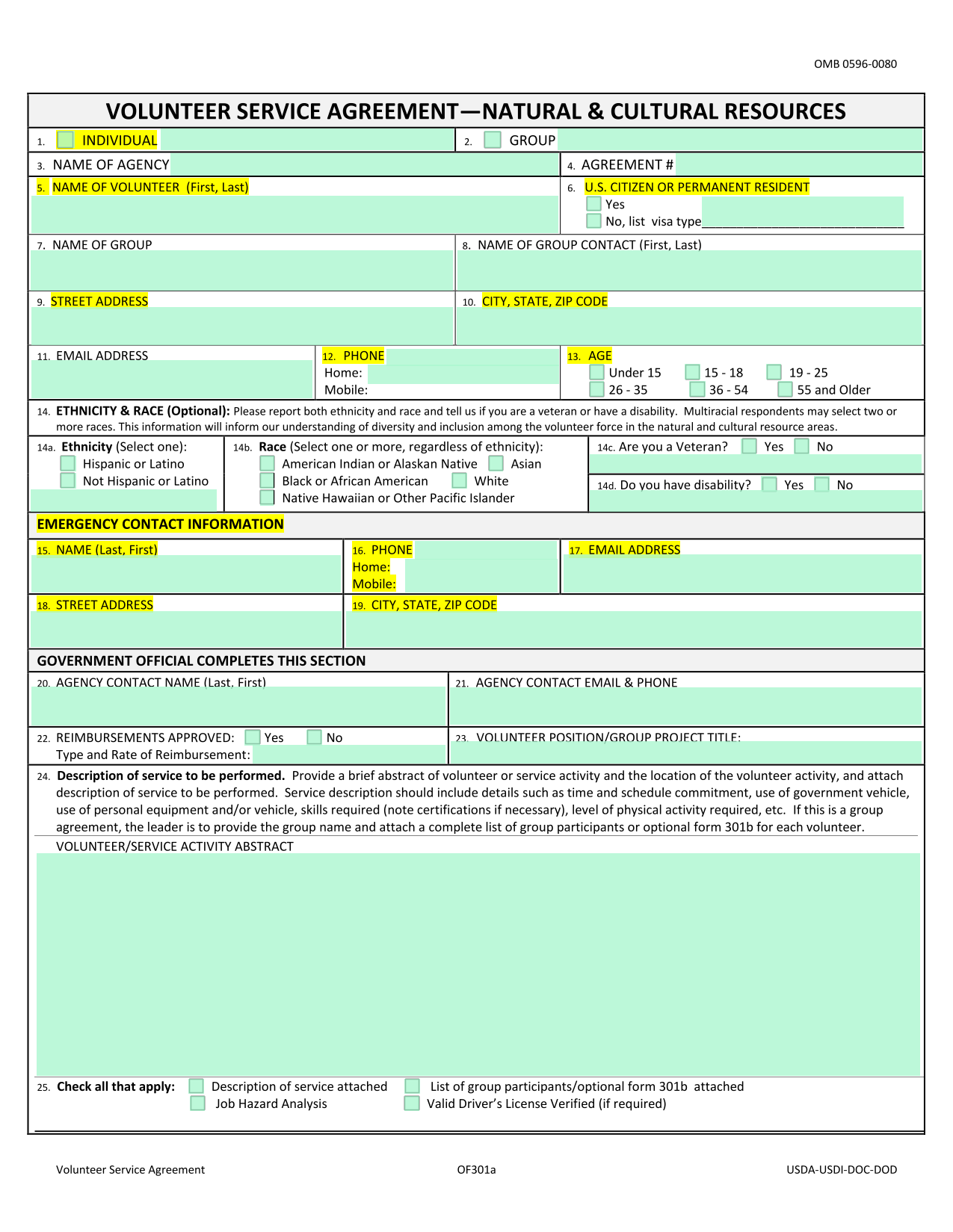 Volunteer Service Agreement OF301a screenshot