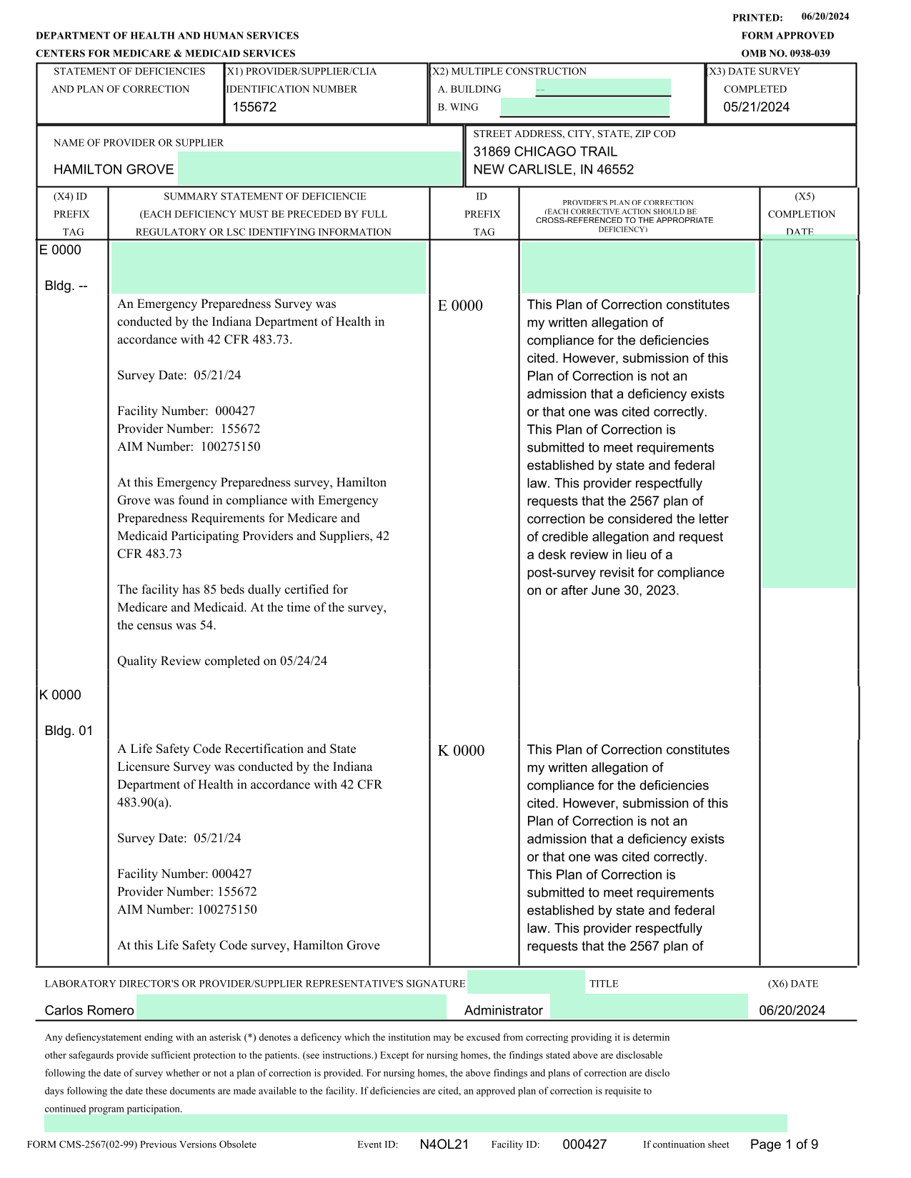 Statement Of Deficiencies And Plan Of Correction screenshot