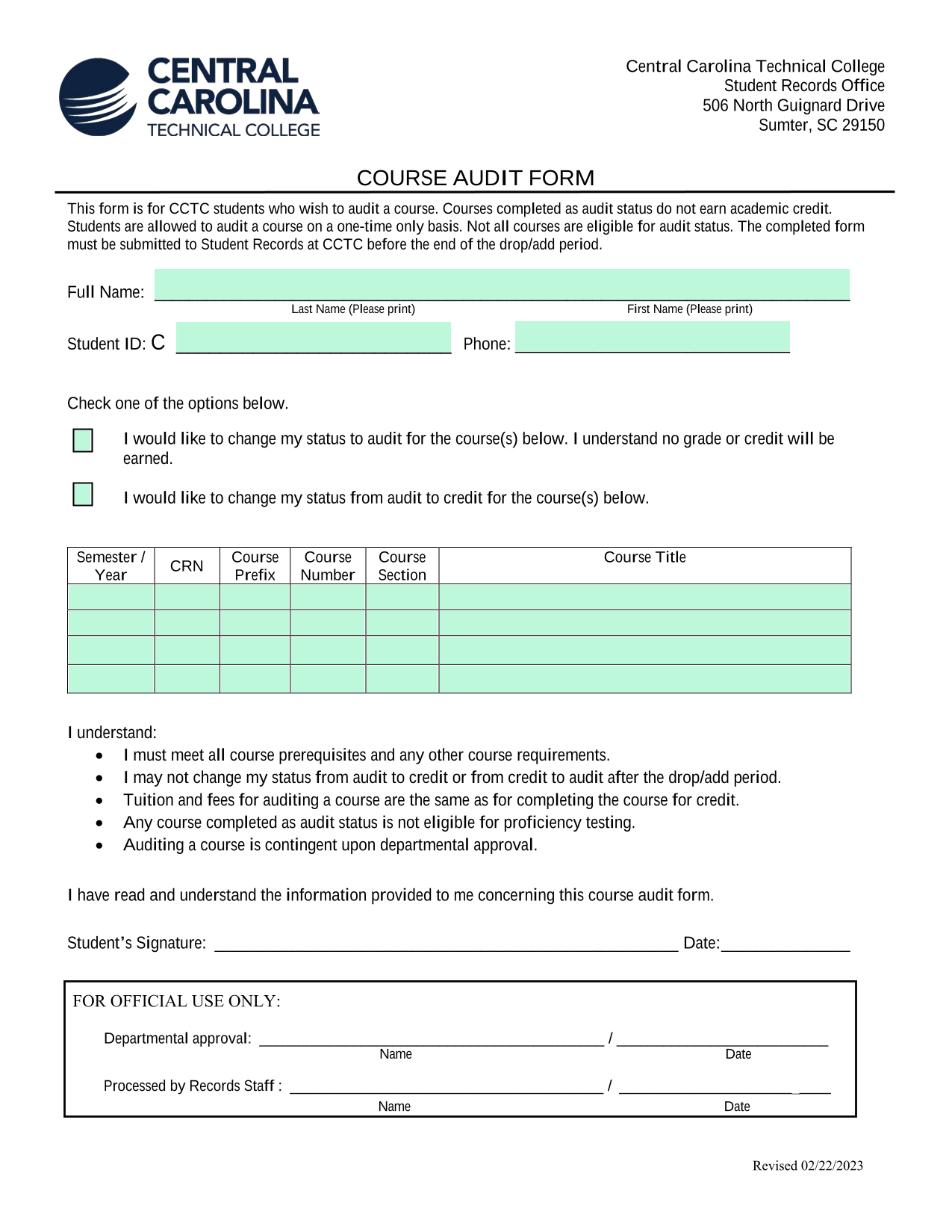COURSE AUDIT FORM screenshot