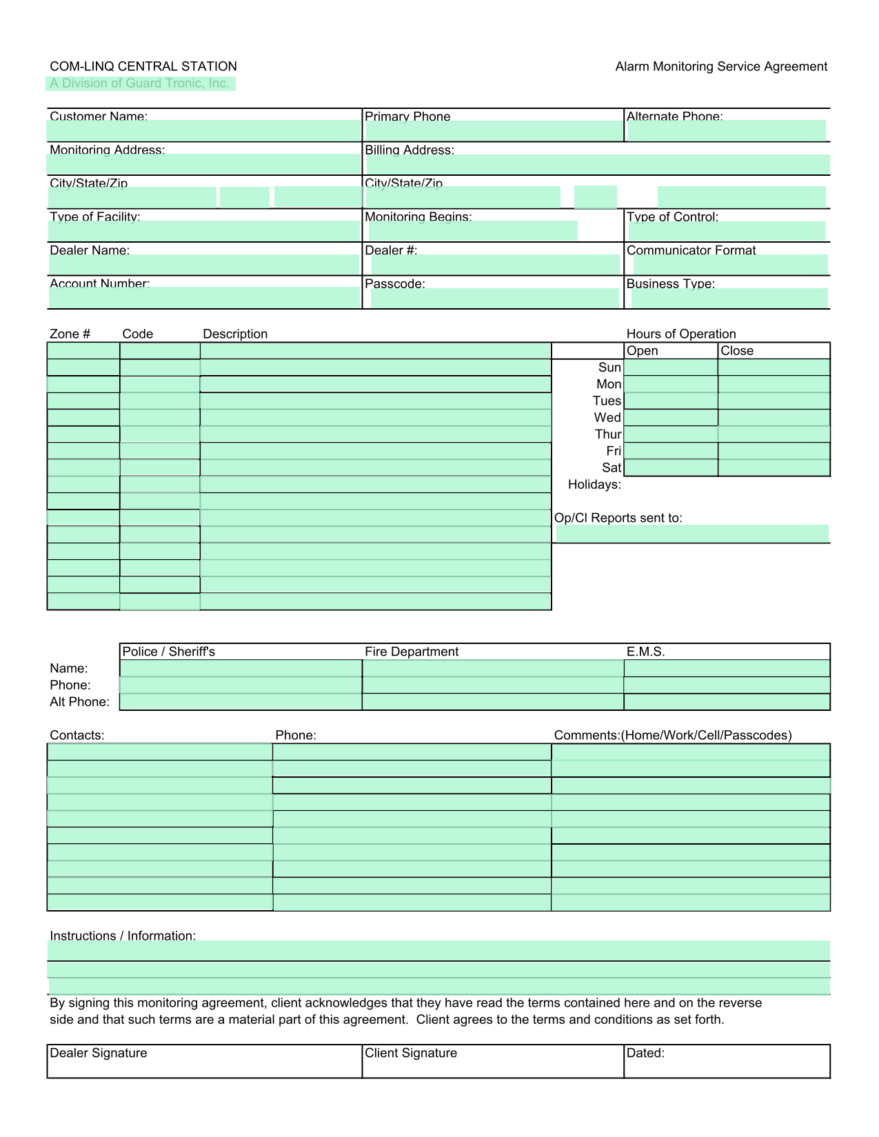 COM LINQ CENTRAL STATION Alarm Monitoring Service Agreement screenshot