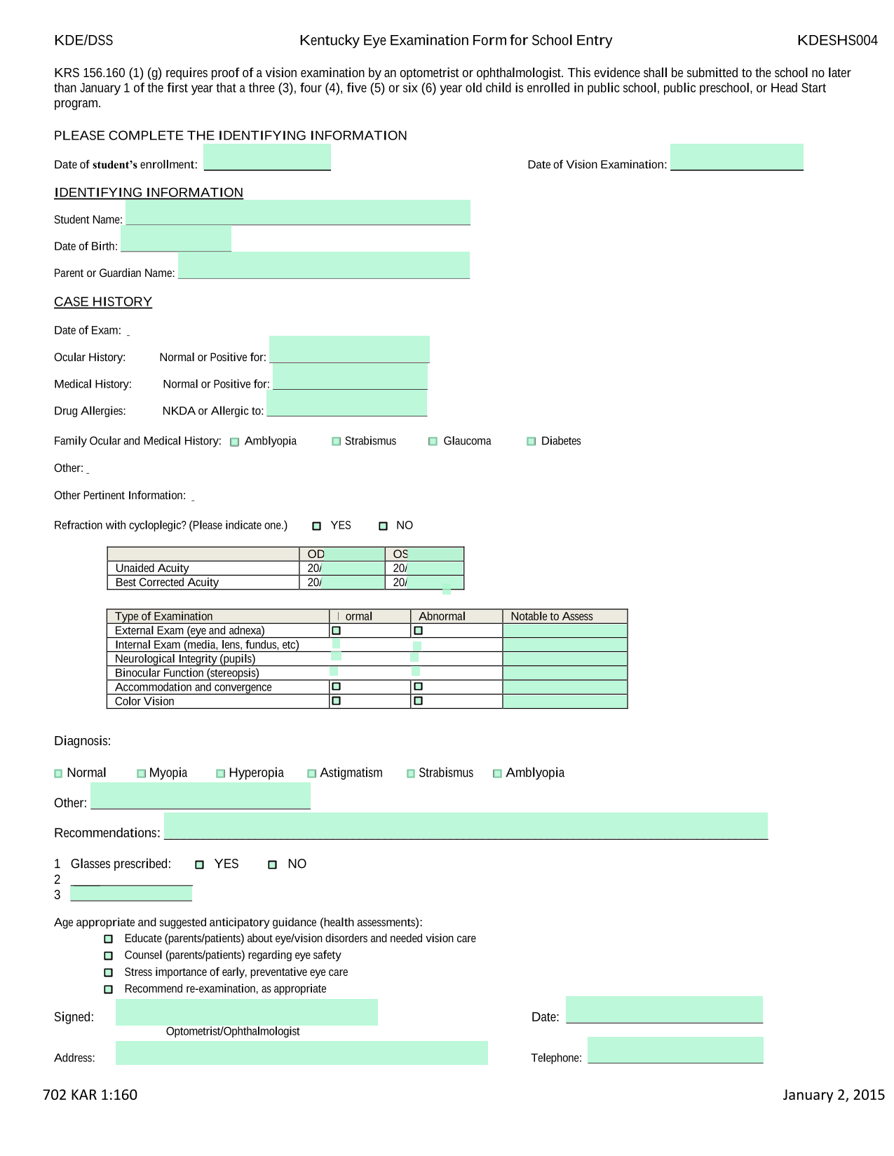 Kentucky Eye Examination Form For School Entry screenshot