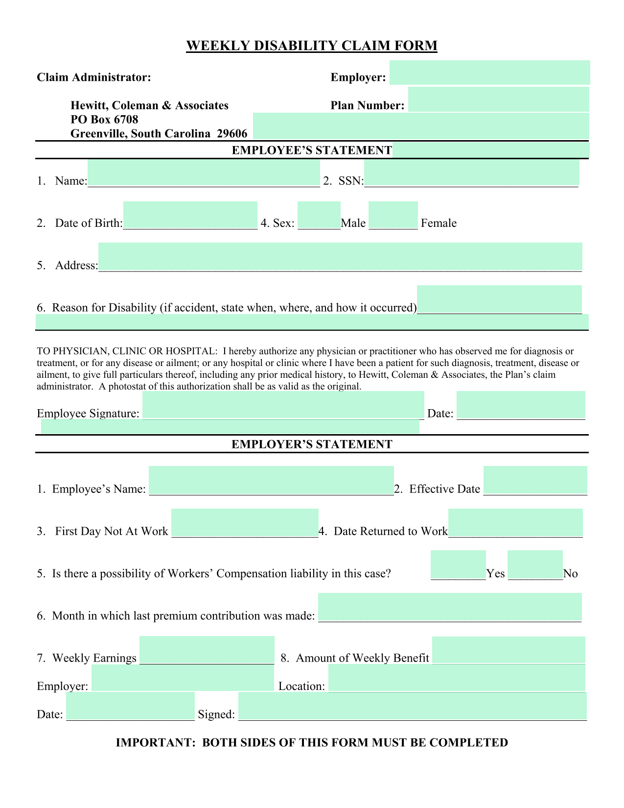 Weekly Disability Claim Form screenshot