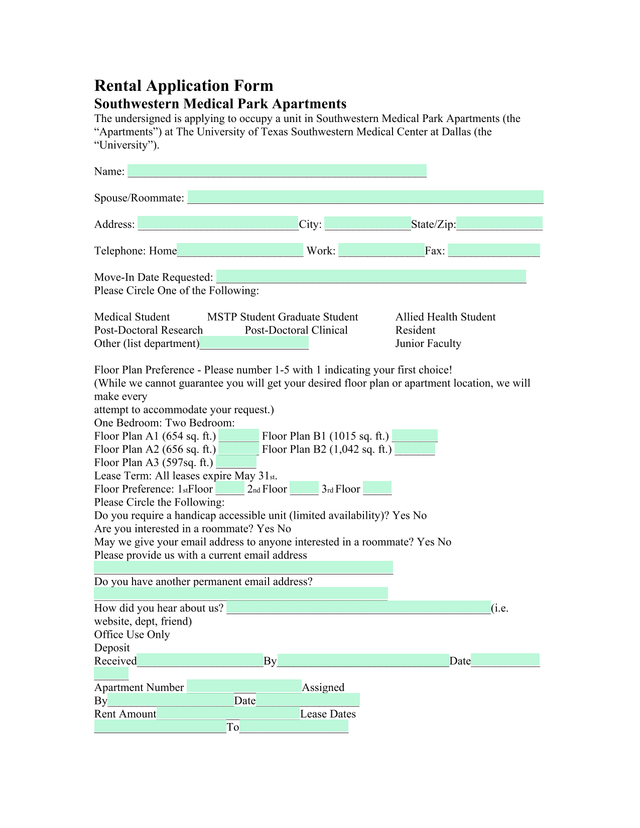 Rental Application Form screenshot