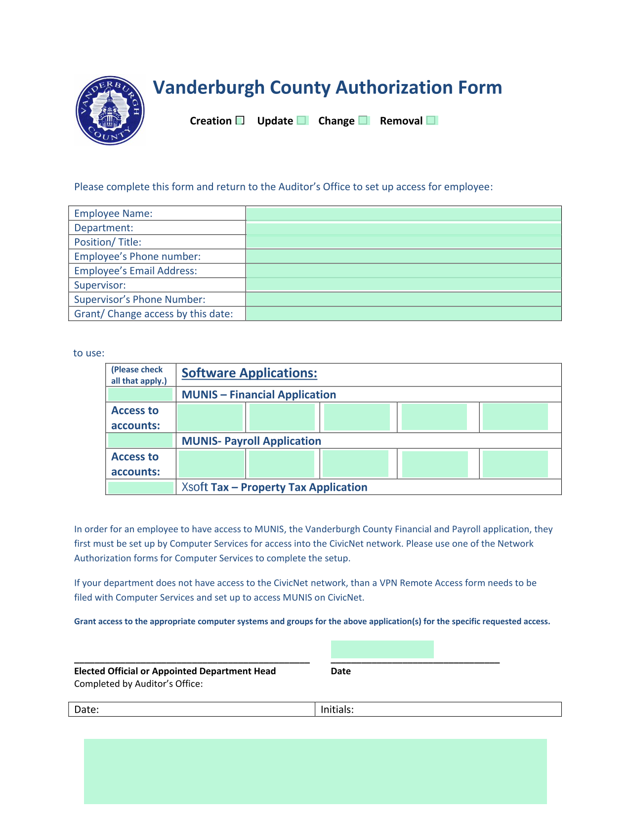 Vanderburgh County Authorization Form screenshot