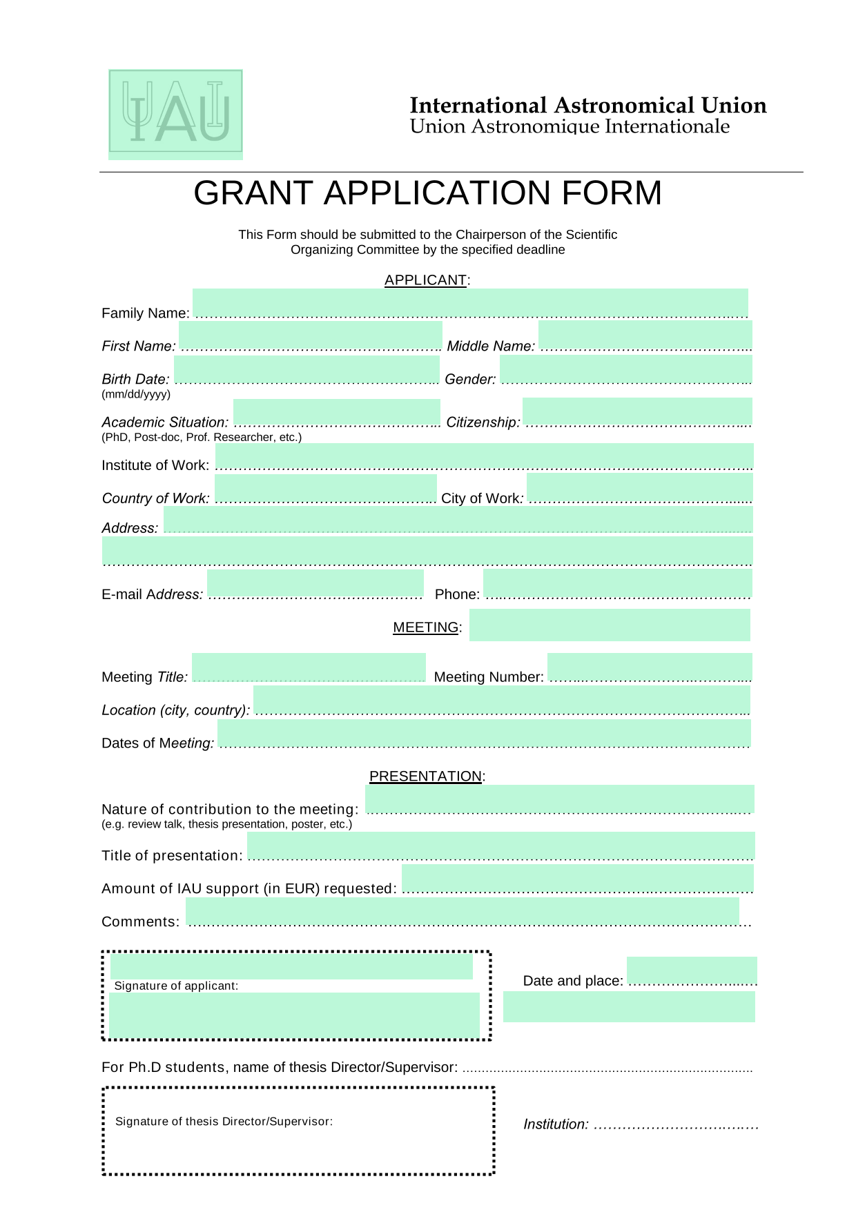 GRANT APPLICATION FORM screenshot