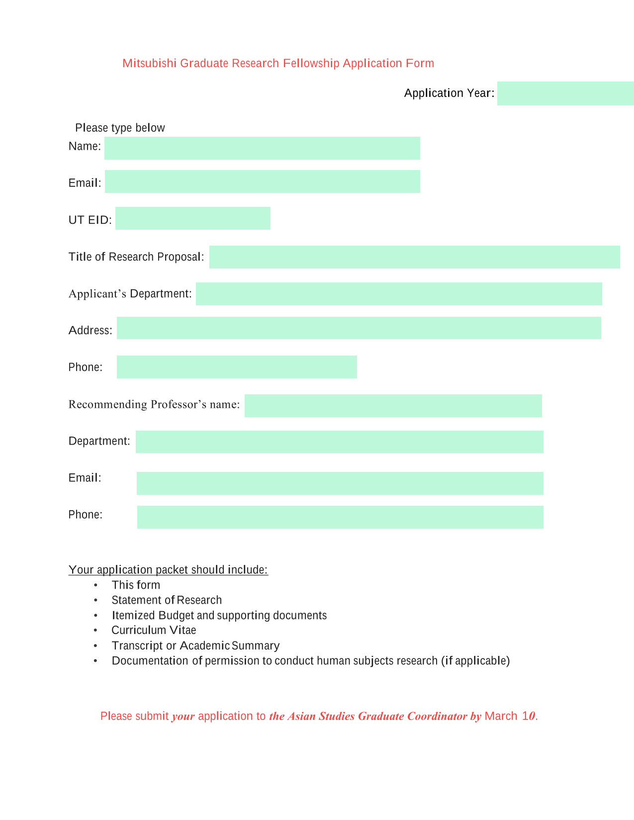 Mitsubishi Graduate Research Fellowship Application Form screenshot