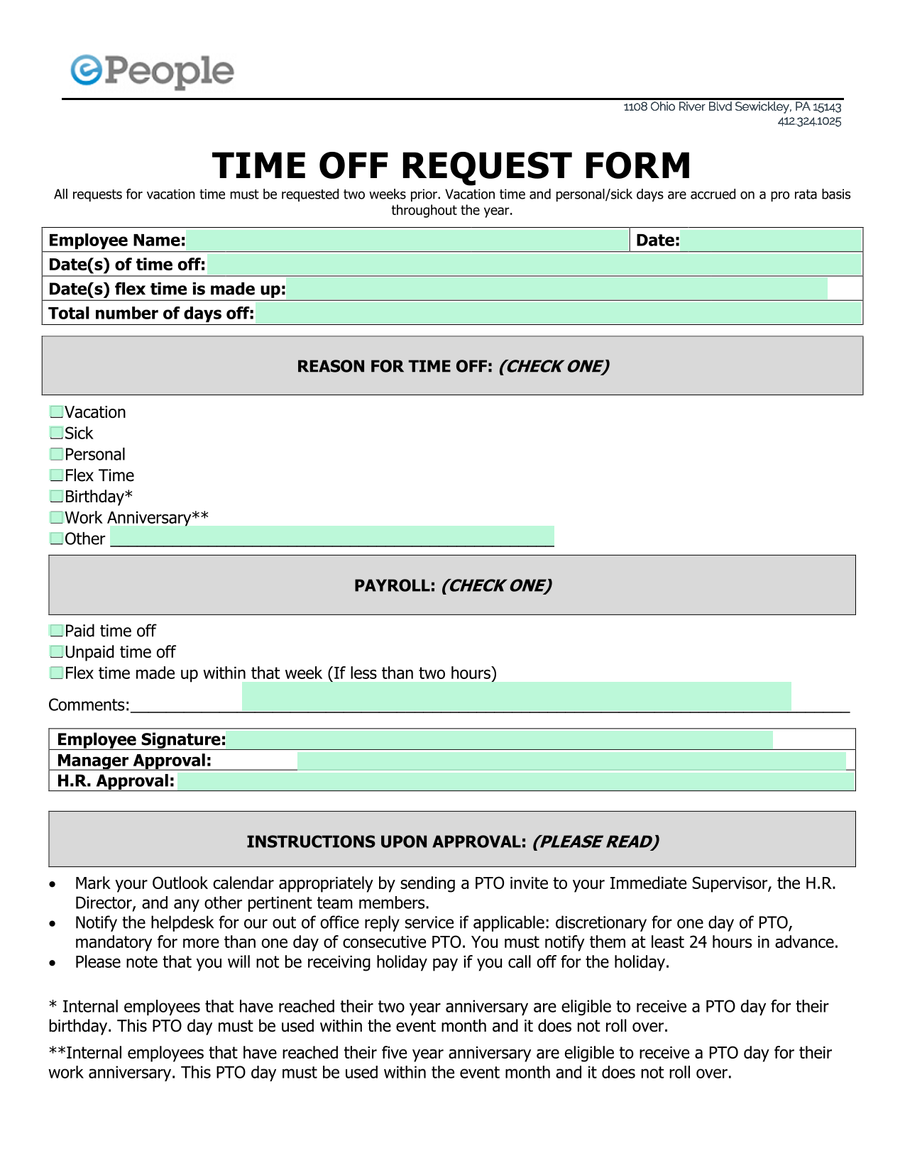 TIME OFF REQUEST FORM screenshot