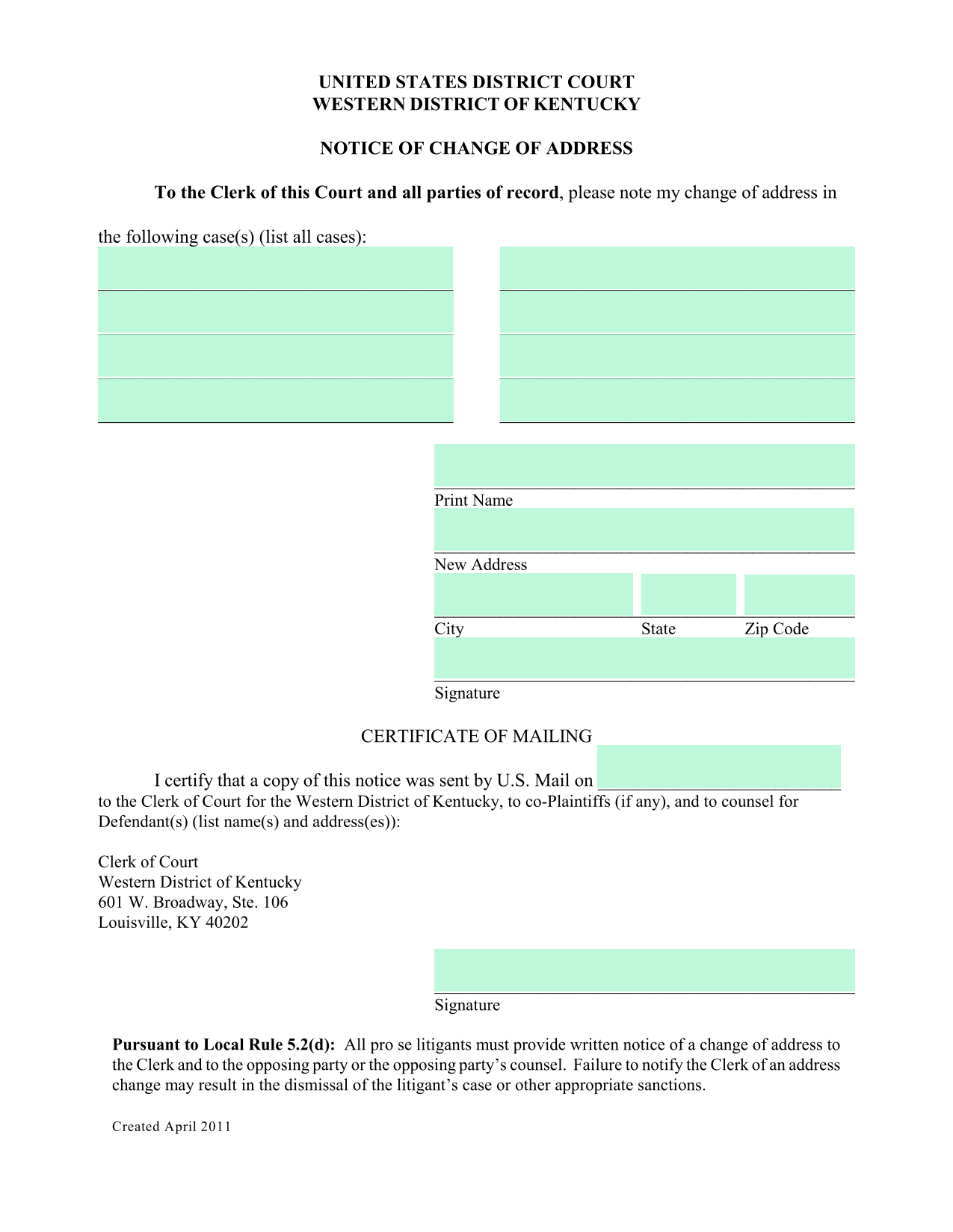 Notice Of Change Of Address screenshot