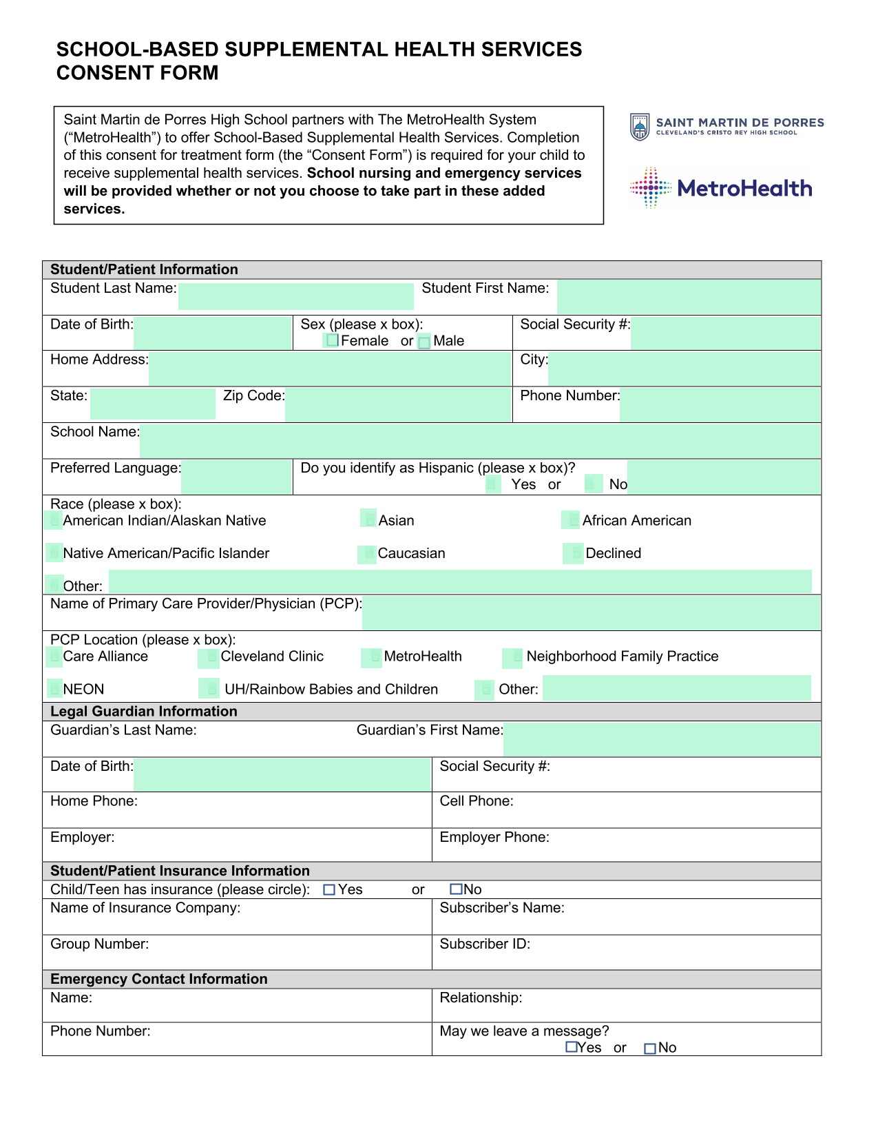 School Based Supplemental Health Services Consent Form screenshot