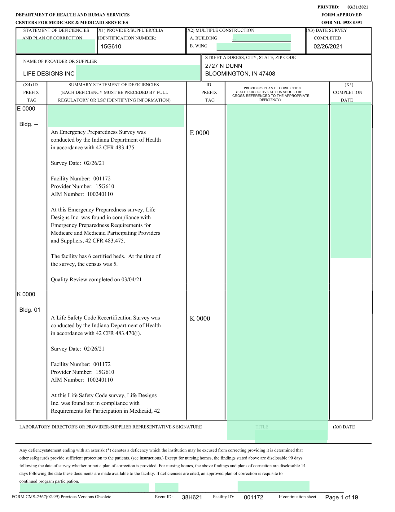 STATEMENT OF DEFICIENCIES AND PLAN OF CORRECTION screenshot
