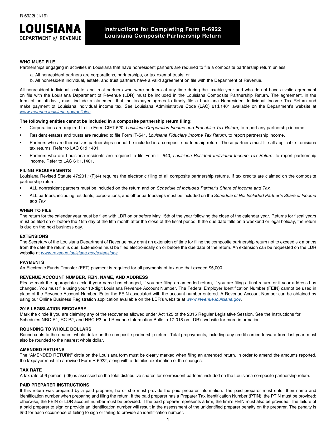 Louisiana Composite Partnership Return Instructions screenshot