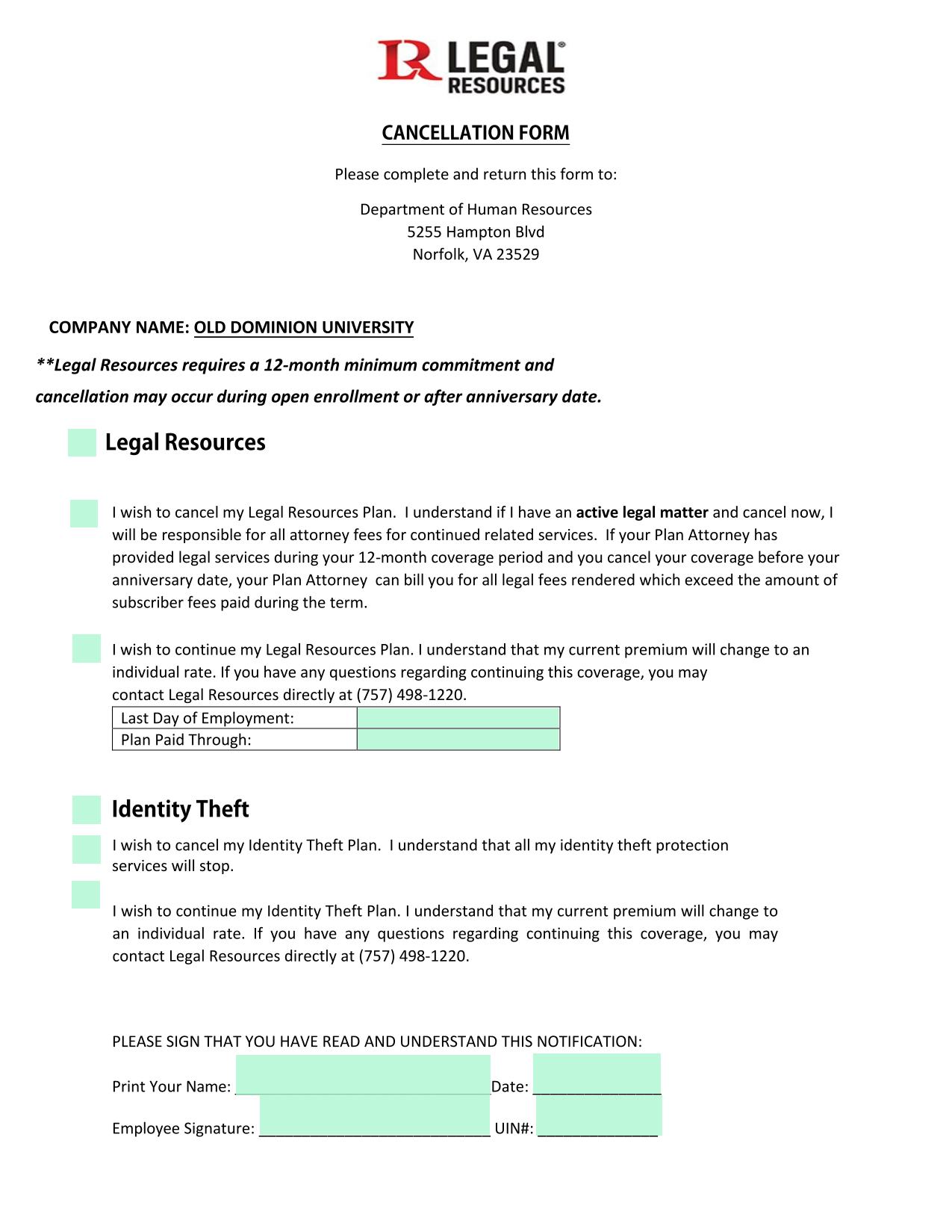 Cancellation Form screenshot