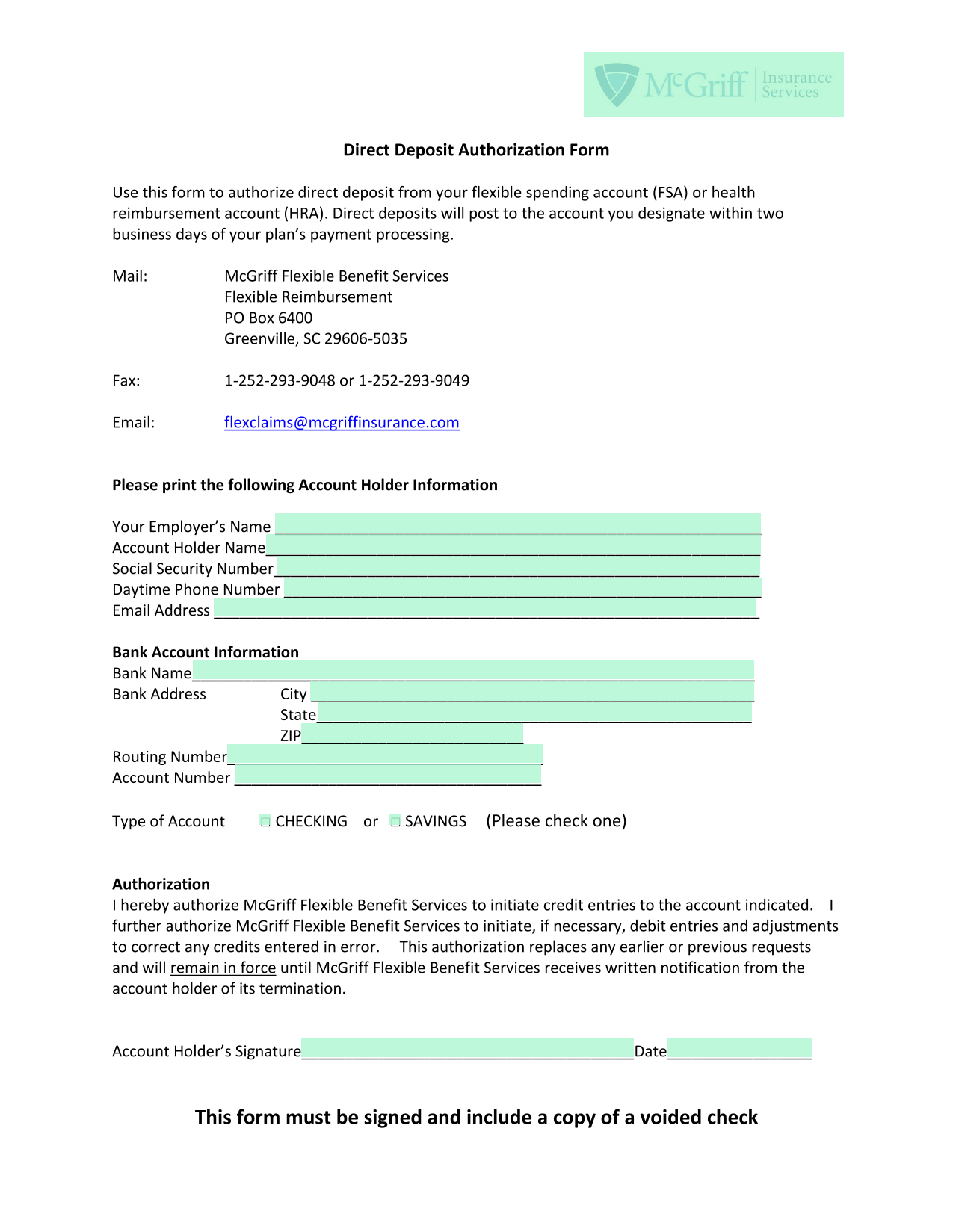 Direct Deposit Authorization Form screenshot