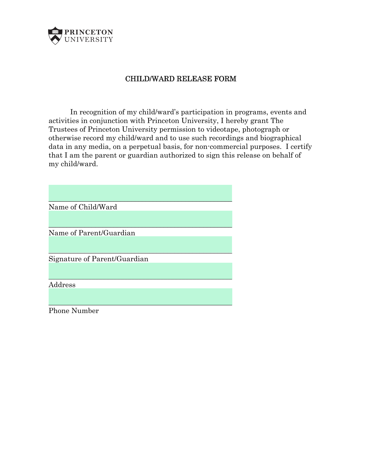 CHILDWARD RELEASE FORM screenshot