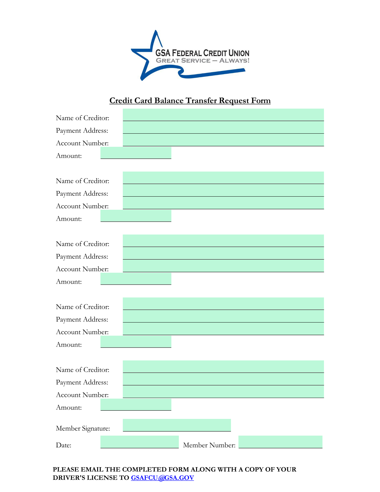 Credit Card Balance Transfer Request Form screenshot