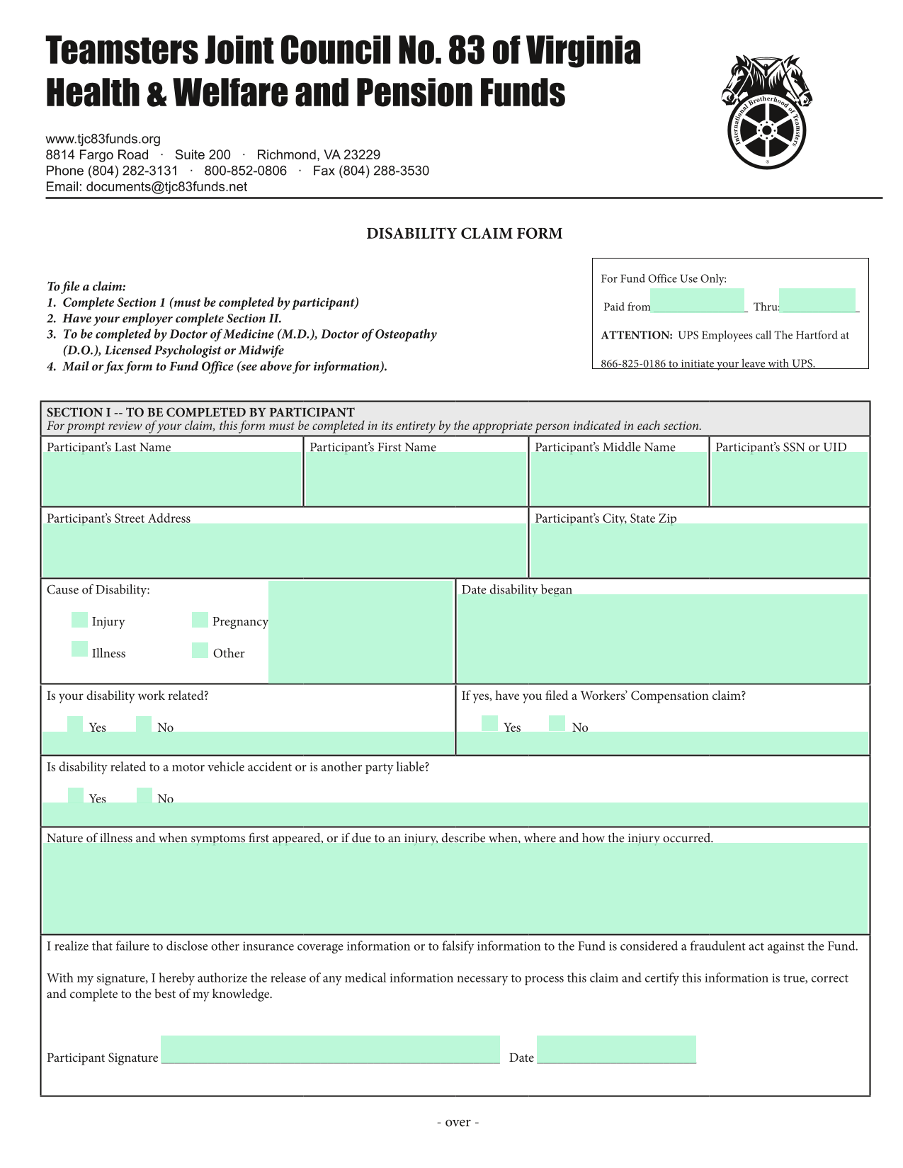 Disability Claim Form screenshot